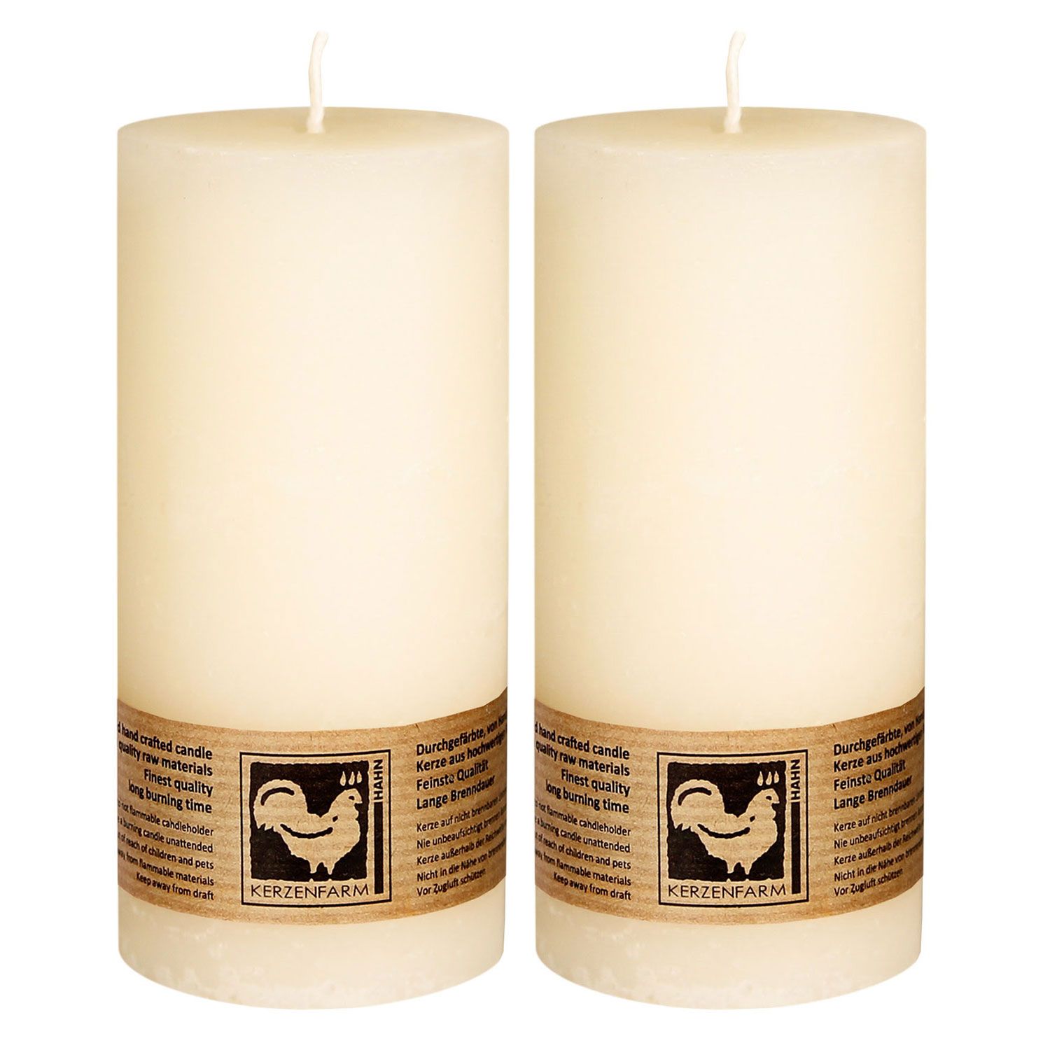 2 x Stumpenkerze Elfenbein Country rund 135 x 65 mm Kerzenfarm Hahn Set