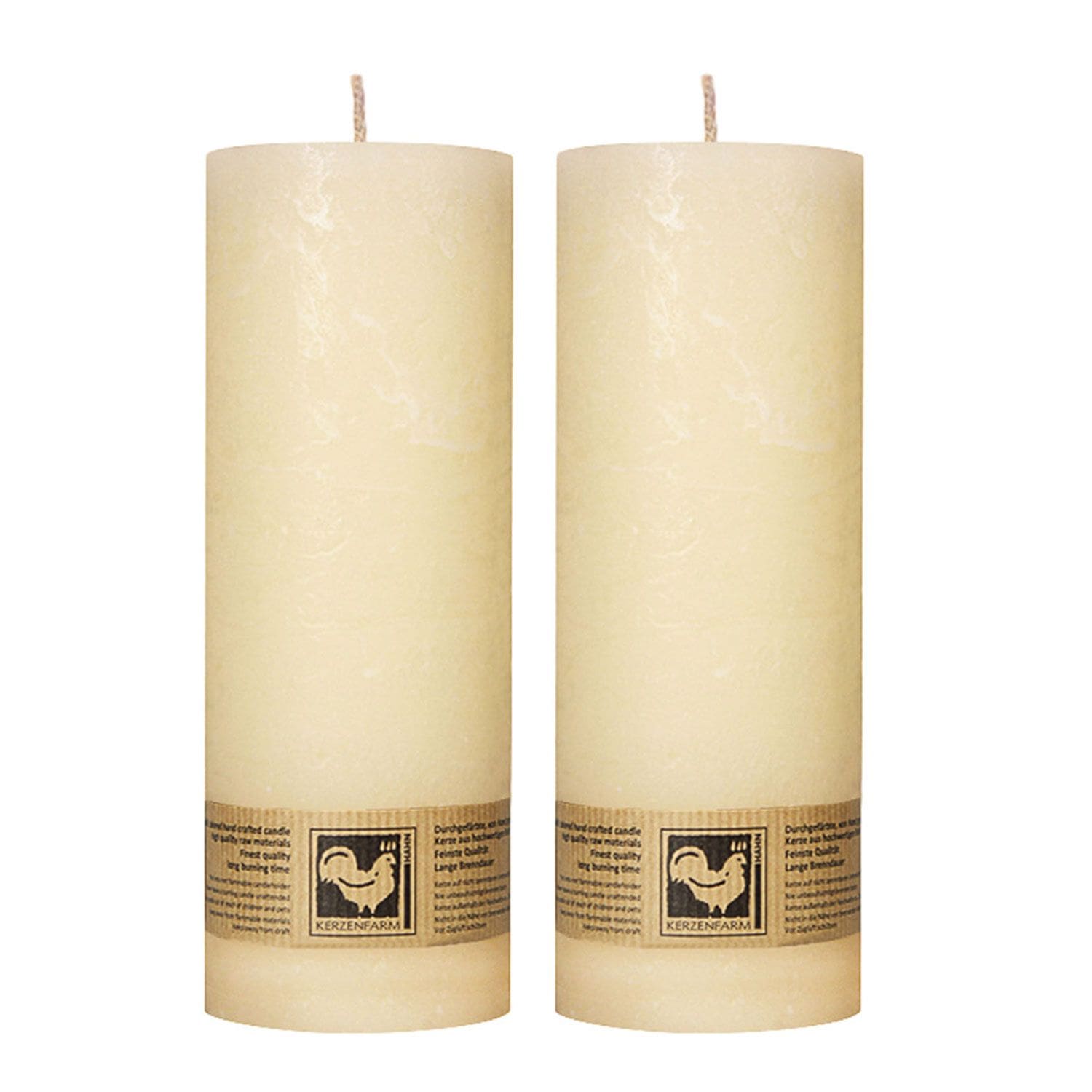 2 x Stumpenkerze Elfenbein Country rund 190 x 70 mm Kerzenfarm Hahn Set