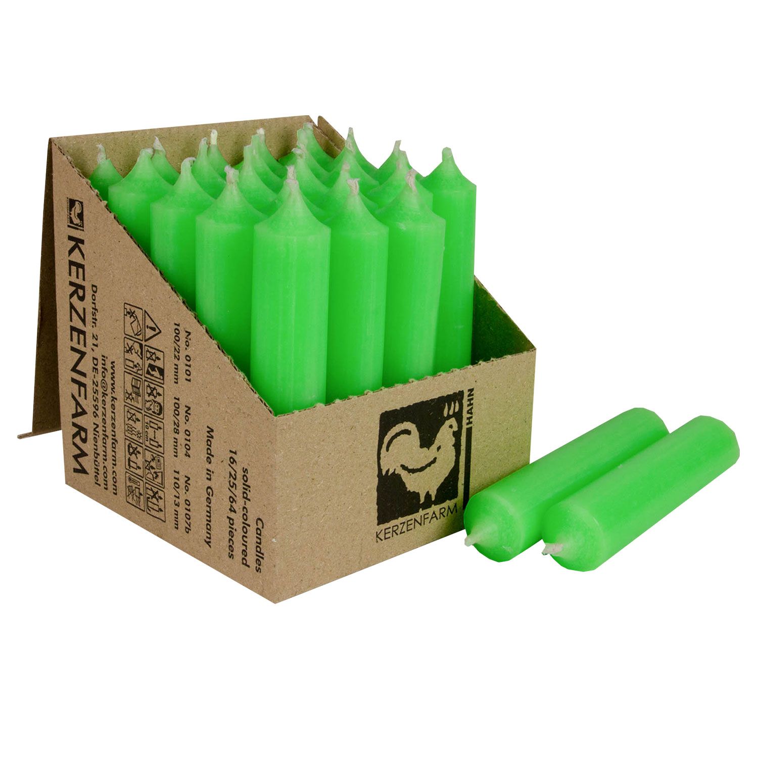 25 Stabkerzen Neon Gr�n 100 x 22 mm Kerzenfarm Kerzen Candle
