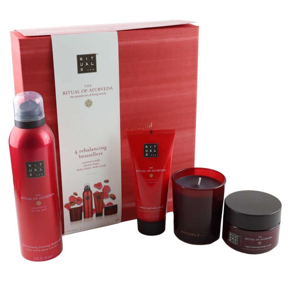 The Ritual of Ayurveda Set Duschschaum & Kerze & Körperpeeling
