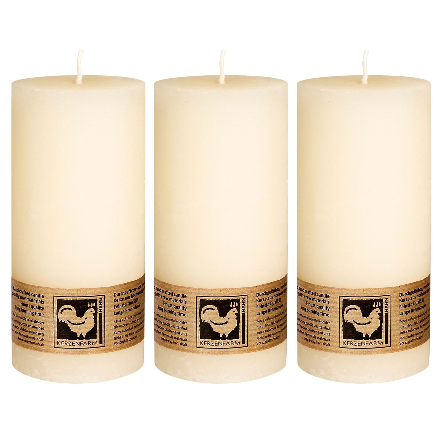 3 x Stumpenkerze Elfenbein Country rund 135 x 65 mm Kerzenfarm Hahn Set