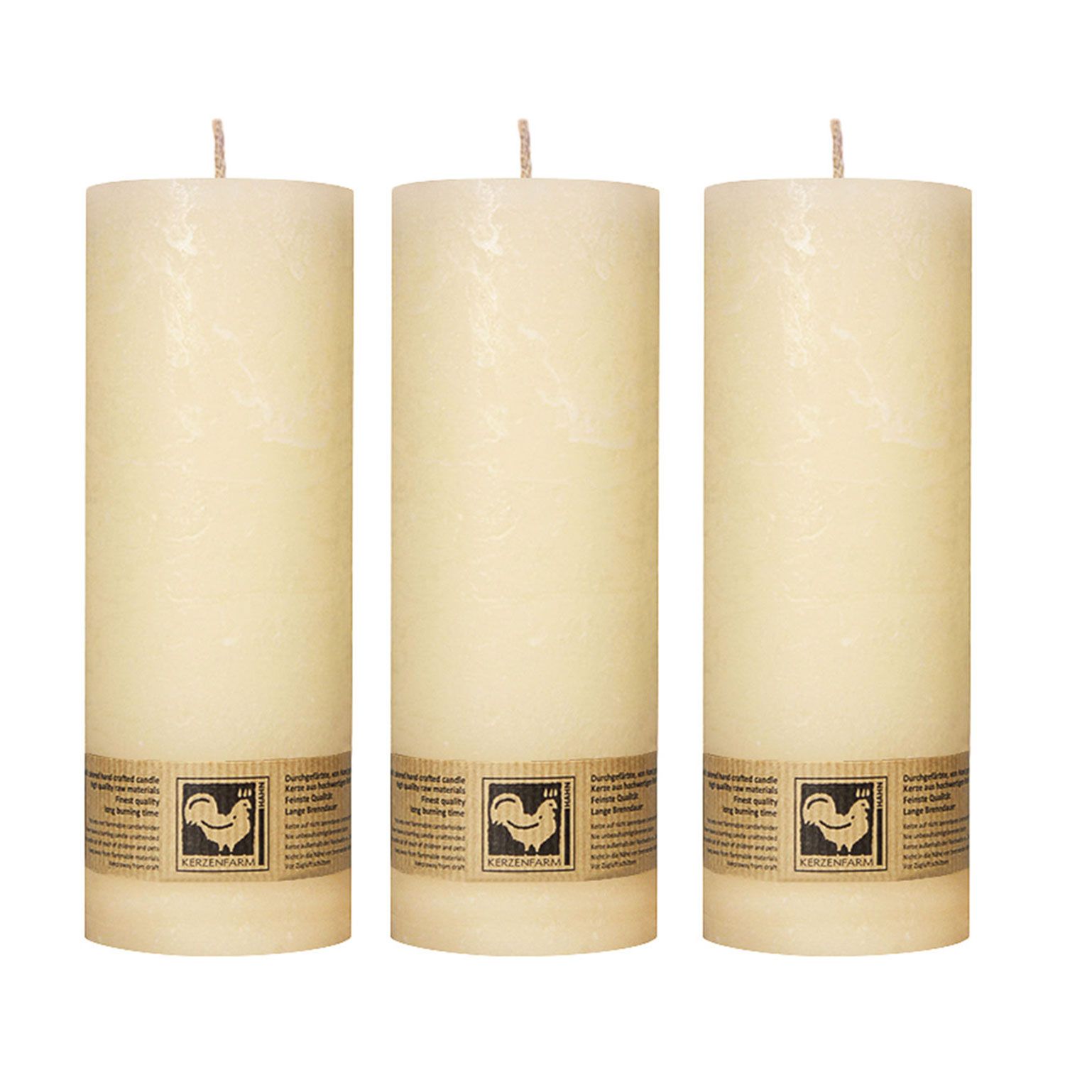 3 x Stumpenkerze Elfenbein Country rund 190 x 70 mm Kerzenfarm Hahn Set