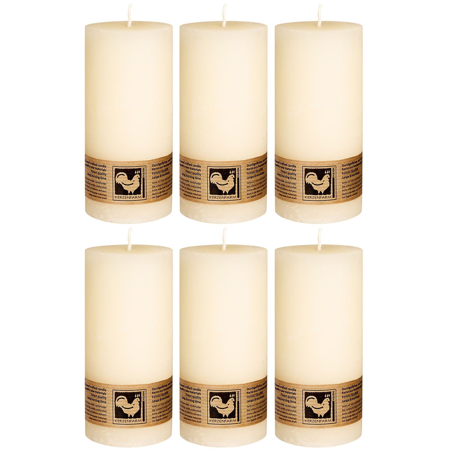 6 x Stumpenkerze Elfenbein Country rund 135 x 65 mm Kerzenfarm Hahn Set
