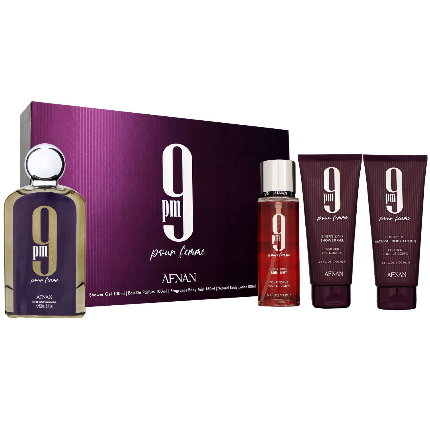 Afnan Perfumes 9pm pour Femme Set 100 ml EDP & 100 ml SG & 100 ml BL & 150 ml Mist