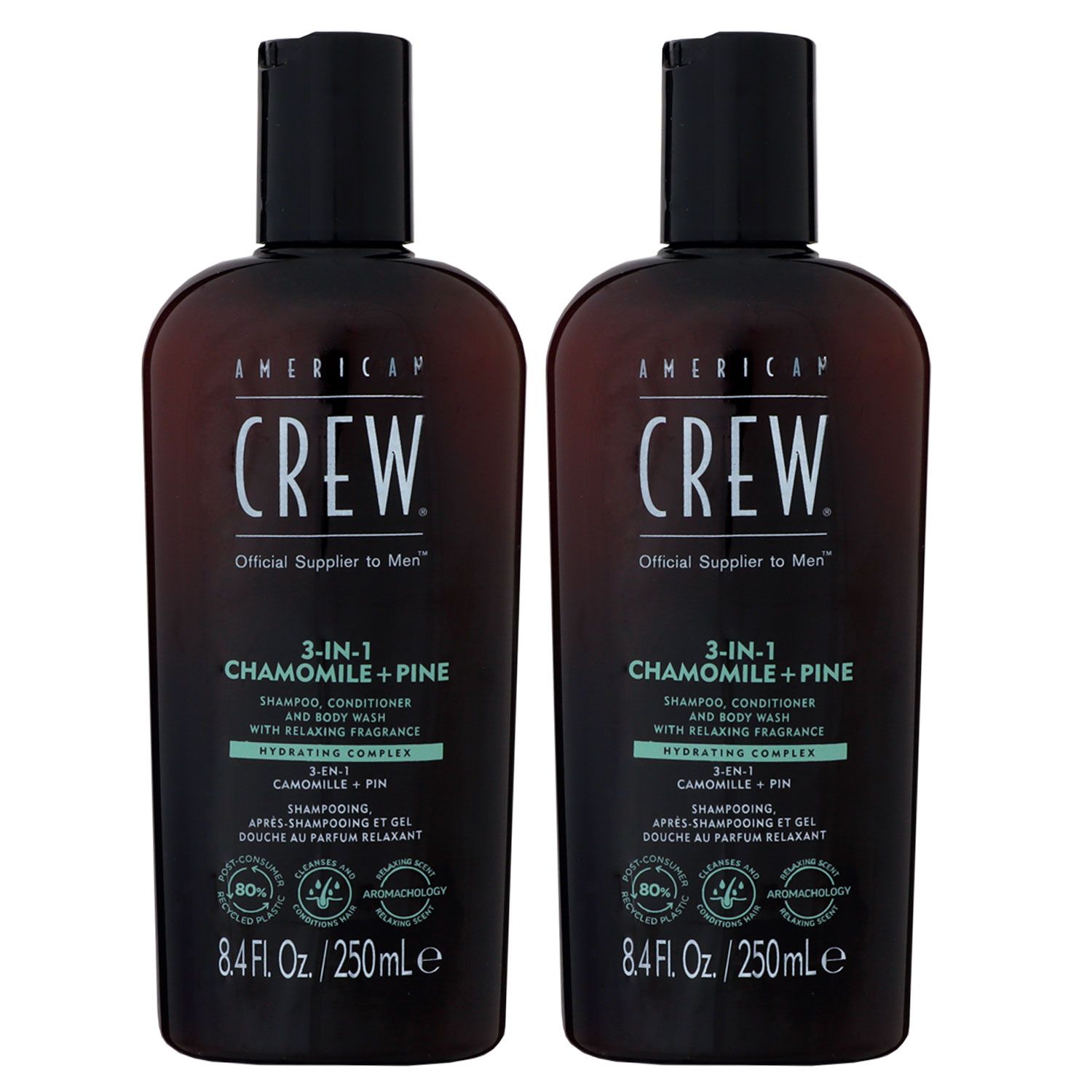 American Crew 3 in 1 2 x 250 ml Chamomile & Pine Shampoo & Conditioner & Body Wash Set