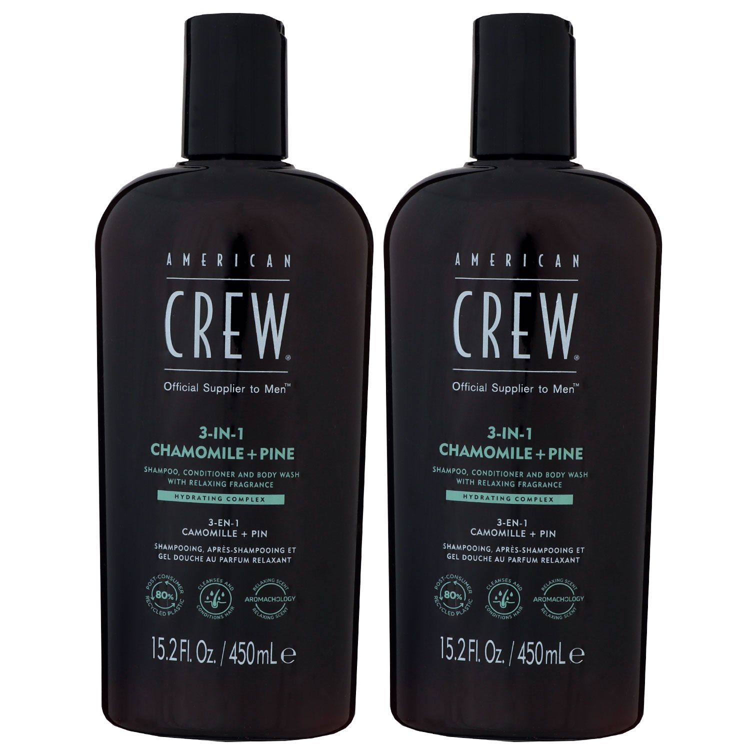 American Crew 3 in 1 2 x 450 ml Chamomile & Pine Shampoo & Conditioner & Body Wash Set
