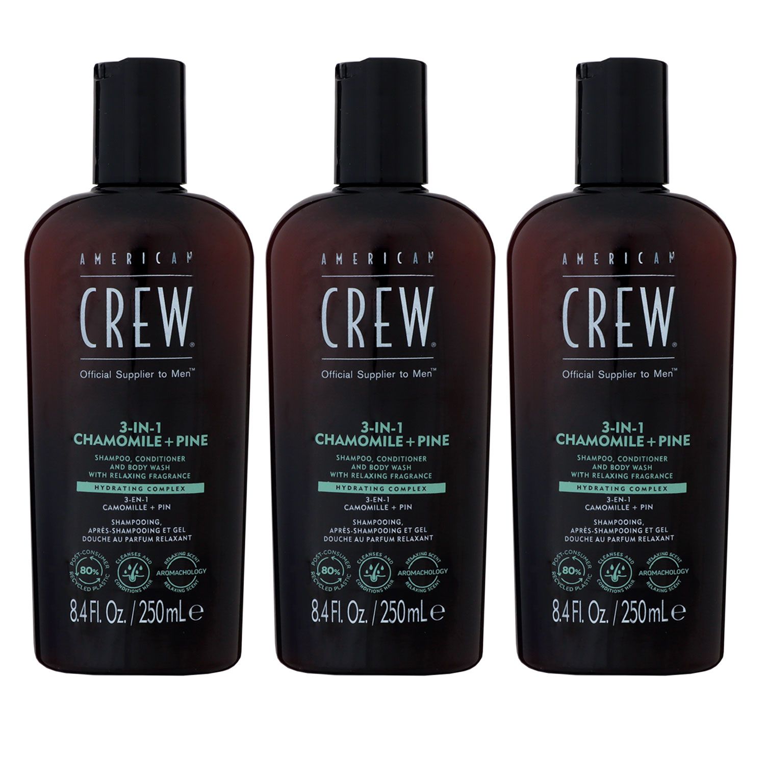 American Crew 3 in 1 3 x 250 ml Chamomile & Pine Shampoo & Conditioner & Body Wash Set
