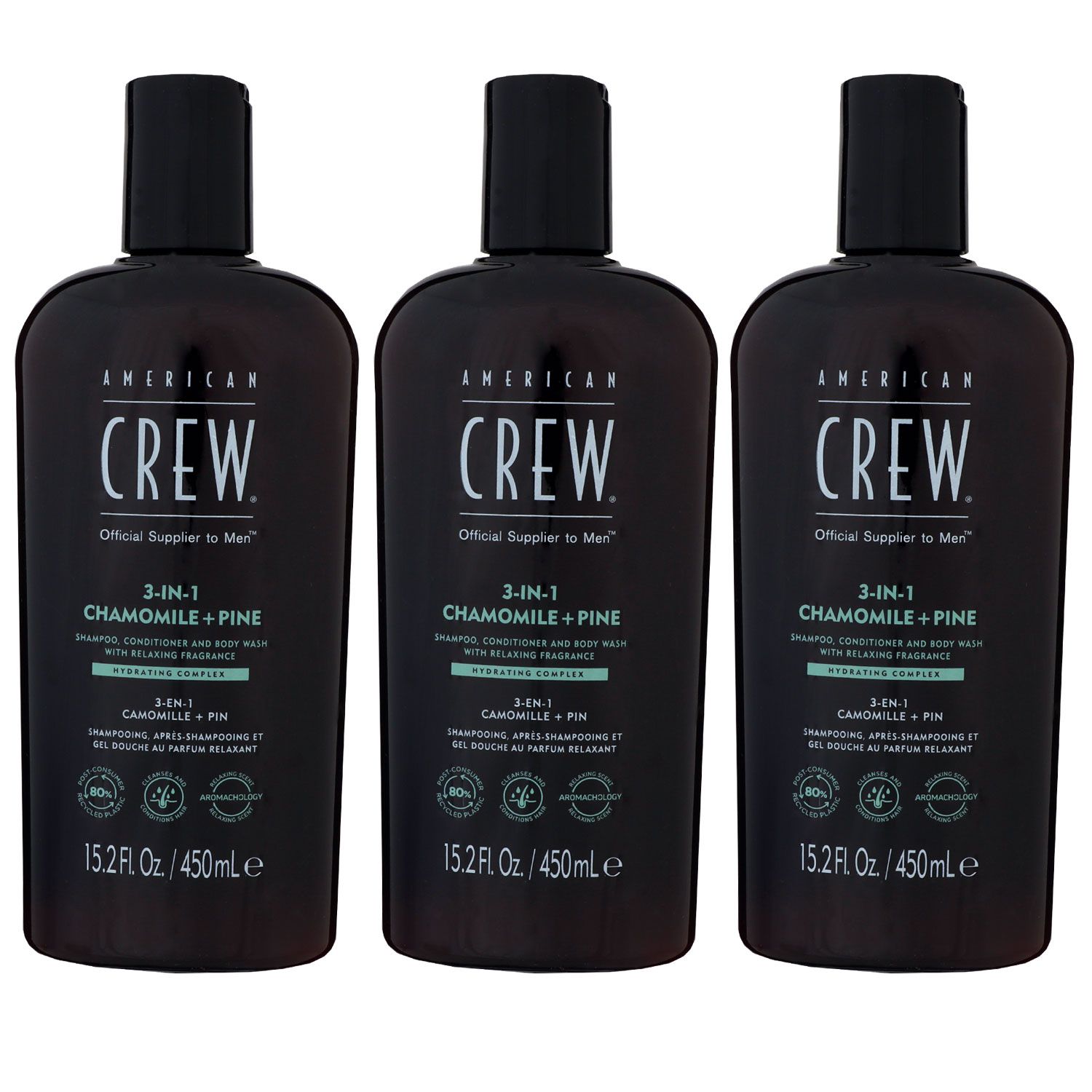 American Crew 3 in 1 3 x 450 ml Chamomile & Pine Shampoo & Conditioner & Body Wash Set