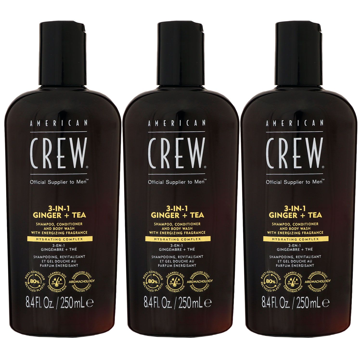 American Crew Ginger & Tea Energizing 3 x 250 ml 3-in-1 Shampoo Conditioner Body Wash Set
