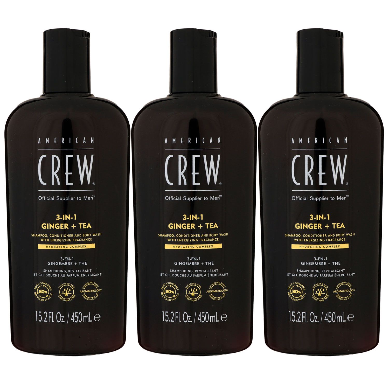 American Crew Ginger & Tea Energizing 3 x 450 ml 3-in-1 Shampoo Conditioner Body Wash Set