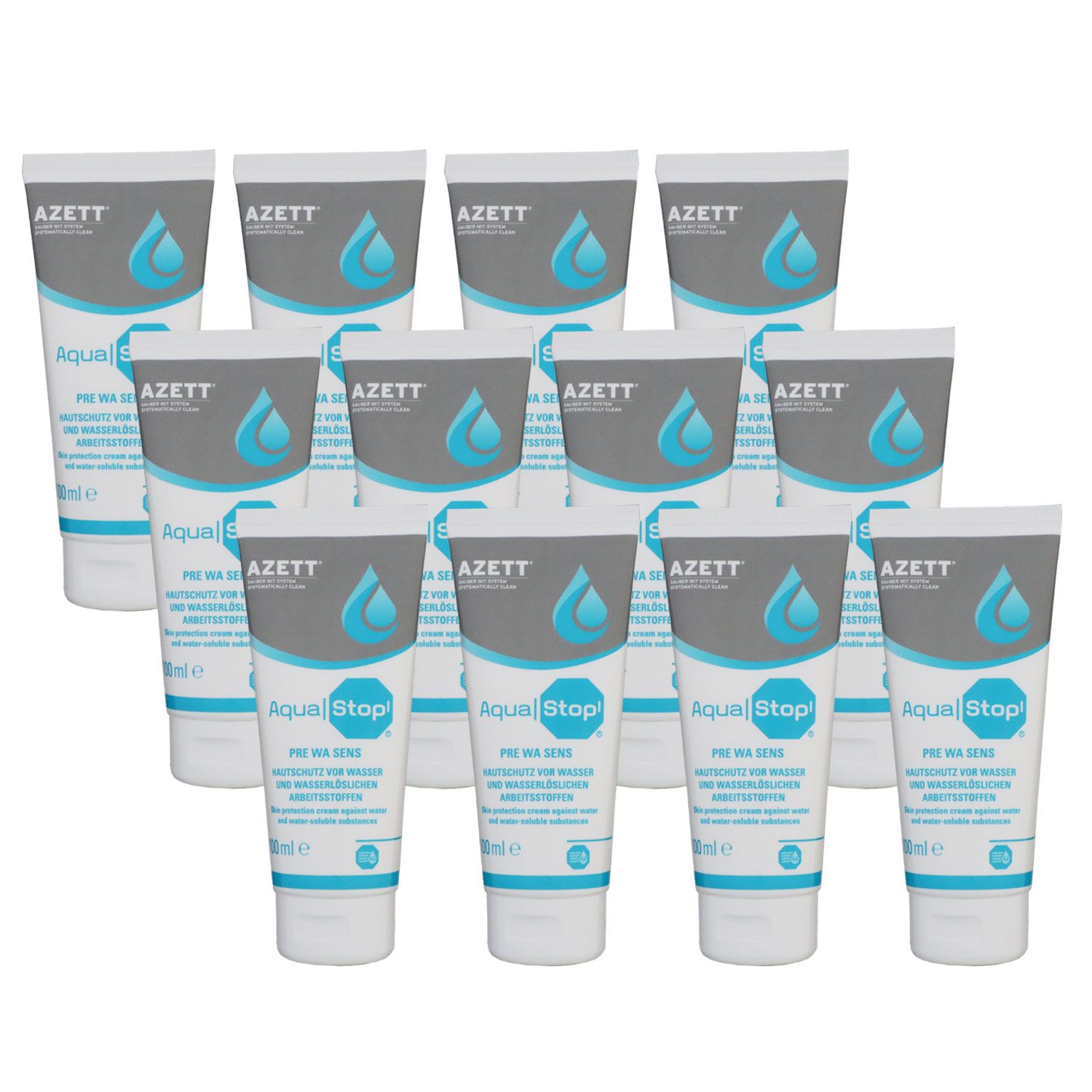Azett Aqua Stop Pre Wa Sens Creme 12 x 100 ml Hautschutzcreme f�r Arbeitsstoffen