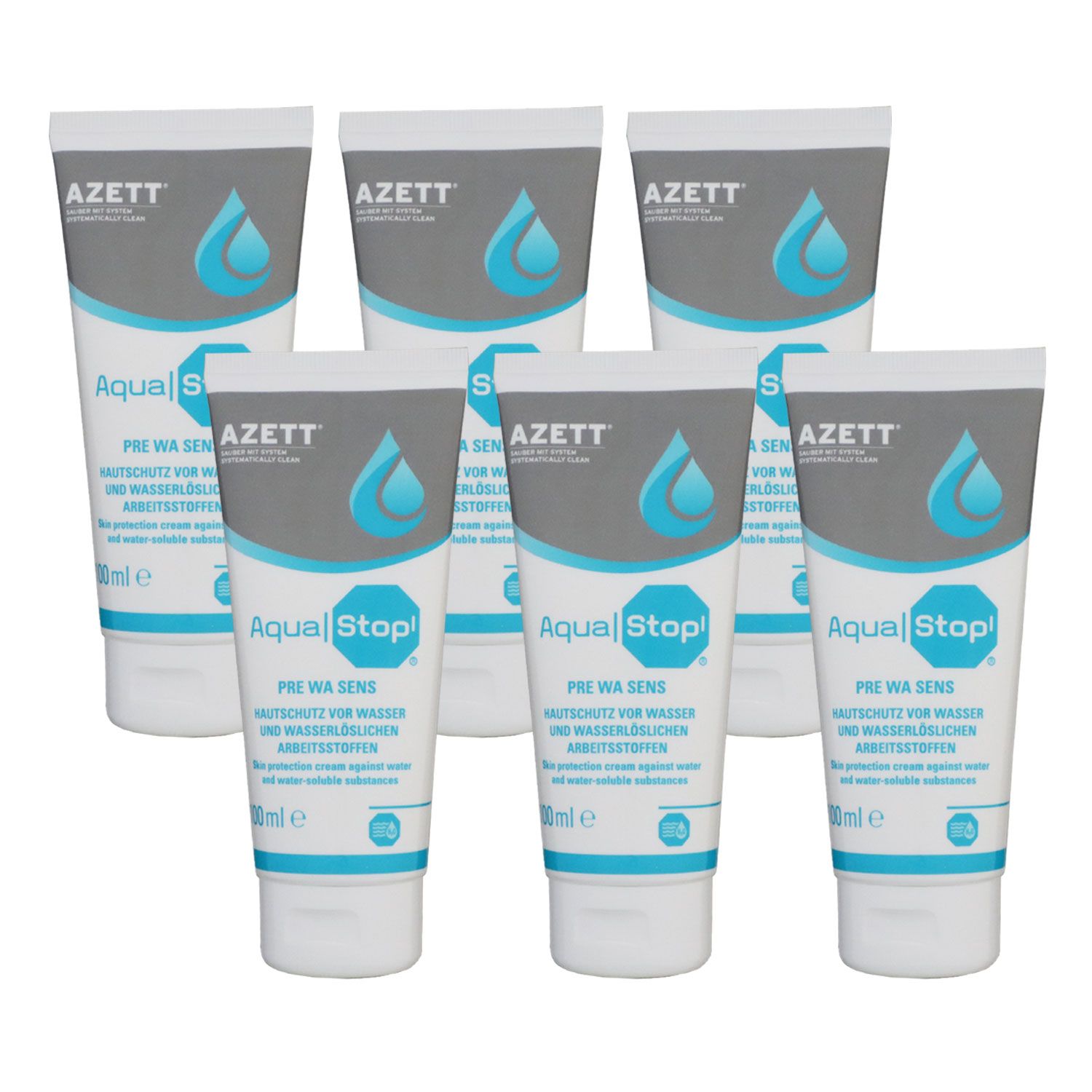 Azett Aqua Stop Pre Wa Sens Creme 6 x 100 ml Hautschutzcreme f�r Arbeitsstoffen