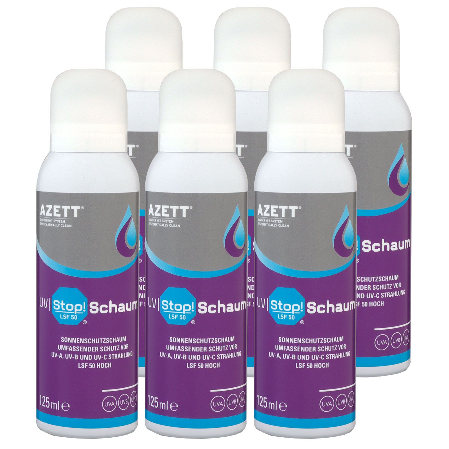 Azett UV Stop Schaum 6 x 125 ml Sonnenschutzschaum Schutz vor UV Strahlung SPF 50