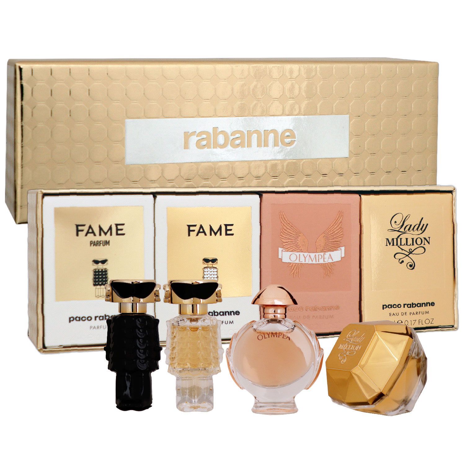 B WARE Paco Rabanne Mini EDP Set 5 ml Lady Million & 6 ml Olympea & 4 ml Fame & 4 ml Fame