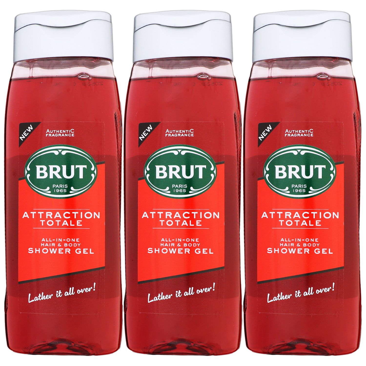 Brut Attraction Totale 3 x 500 ml All In One Hair & Body Shower Gel Duschgel Set