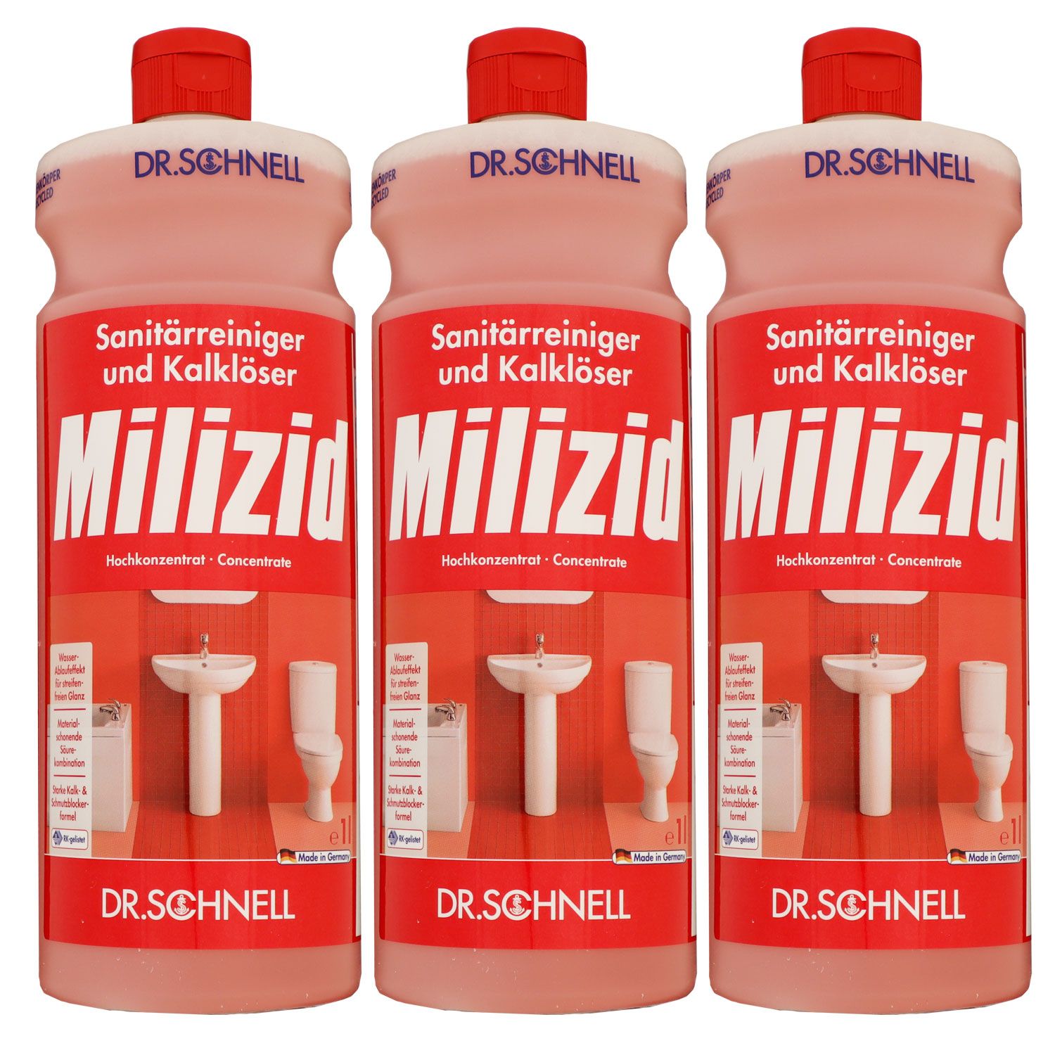 Dr. Schnell Milizid 3 x 1 Liter Sanit�rreiniger & Kalkl�ser Konzentrat Set