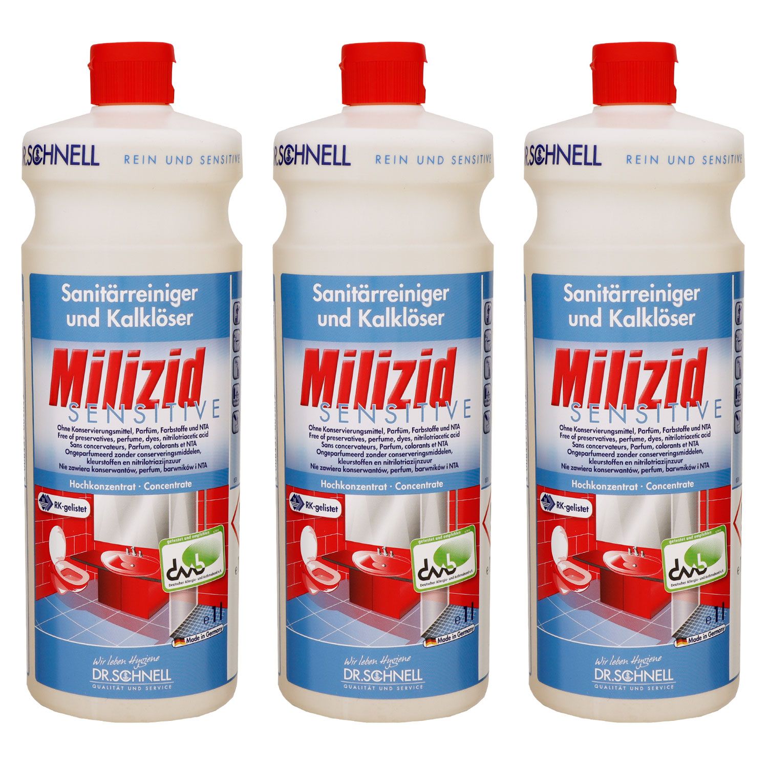 Dr. Schnell Milizid Sensitive 3 x 1 Liter Sanit�rreiniger ohne Duft Farbstoffe