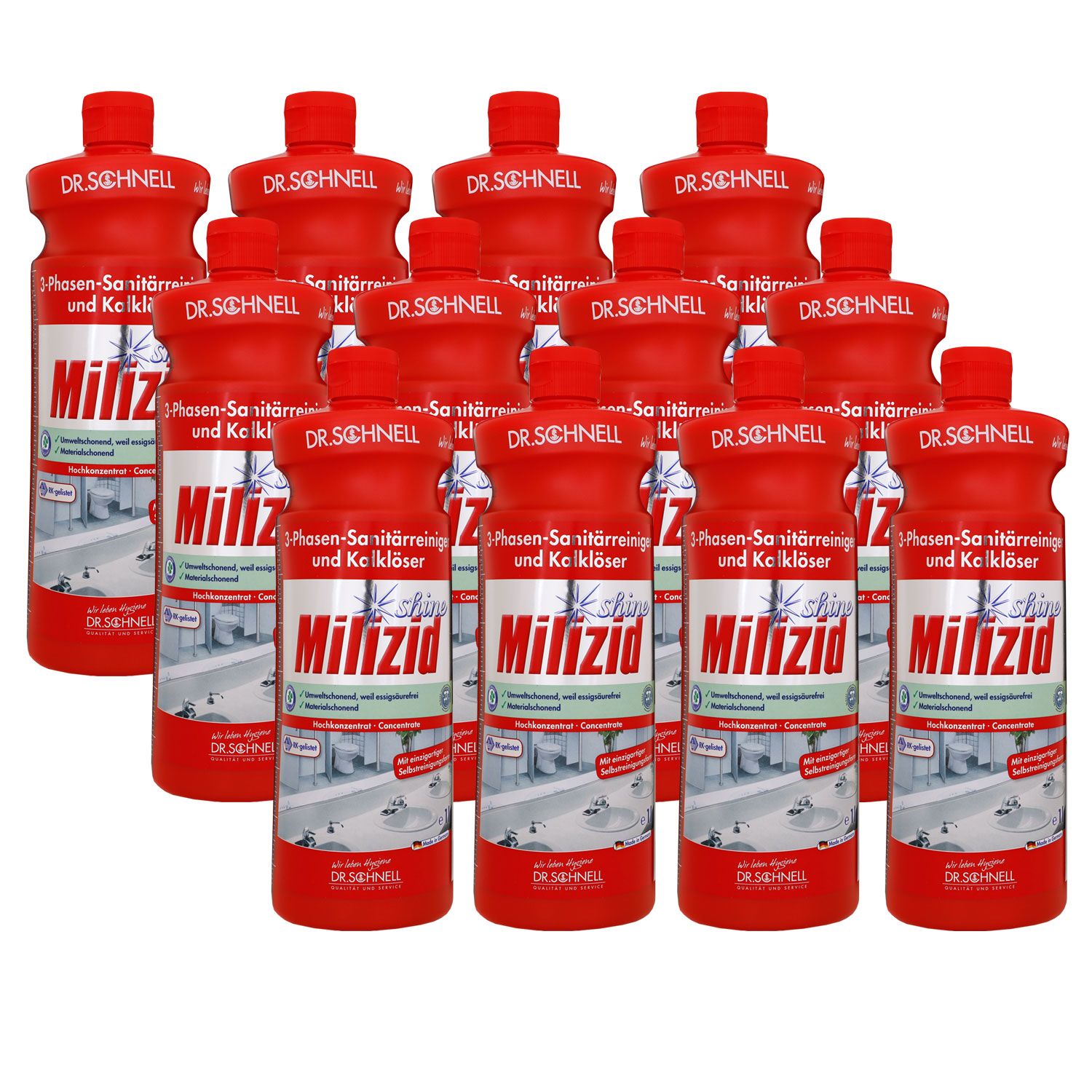 Dr. Schnell Milizid Shine 12 x Liter 3 Phasen Sanit�rreiniger und Kalkl�ser Set