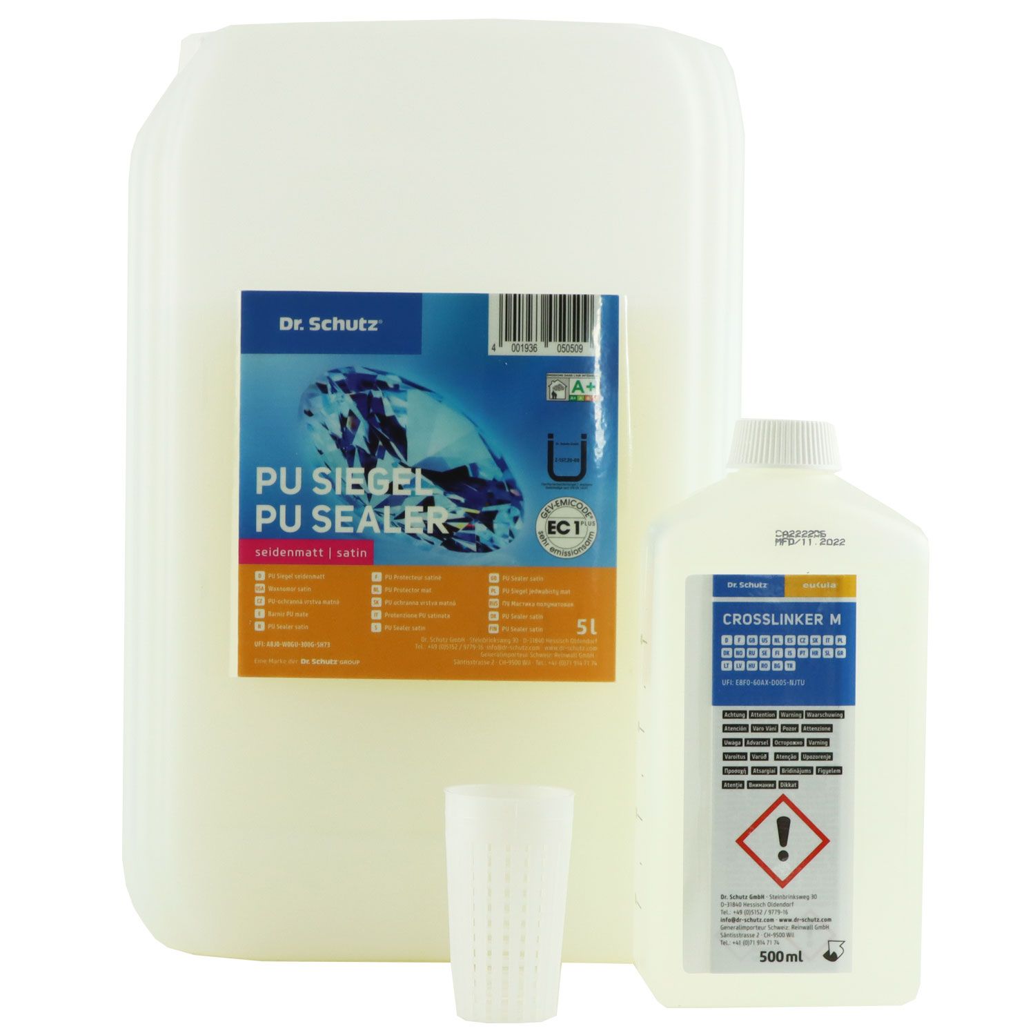 Dr. Schutz PU Siegel seidenmatt 5 Liter + 500 ml Vernetzer Kanister