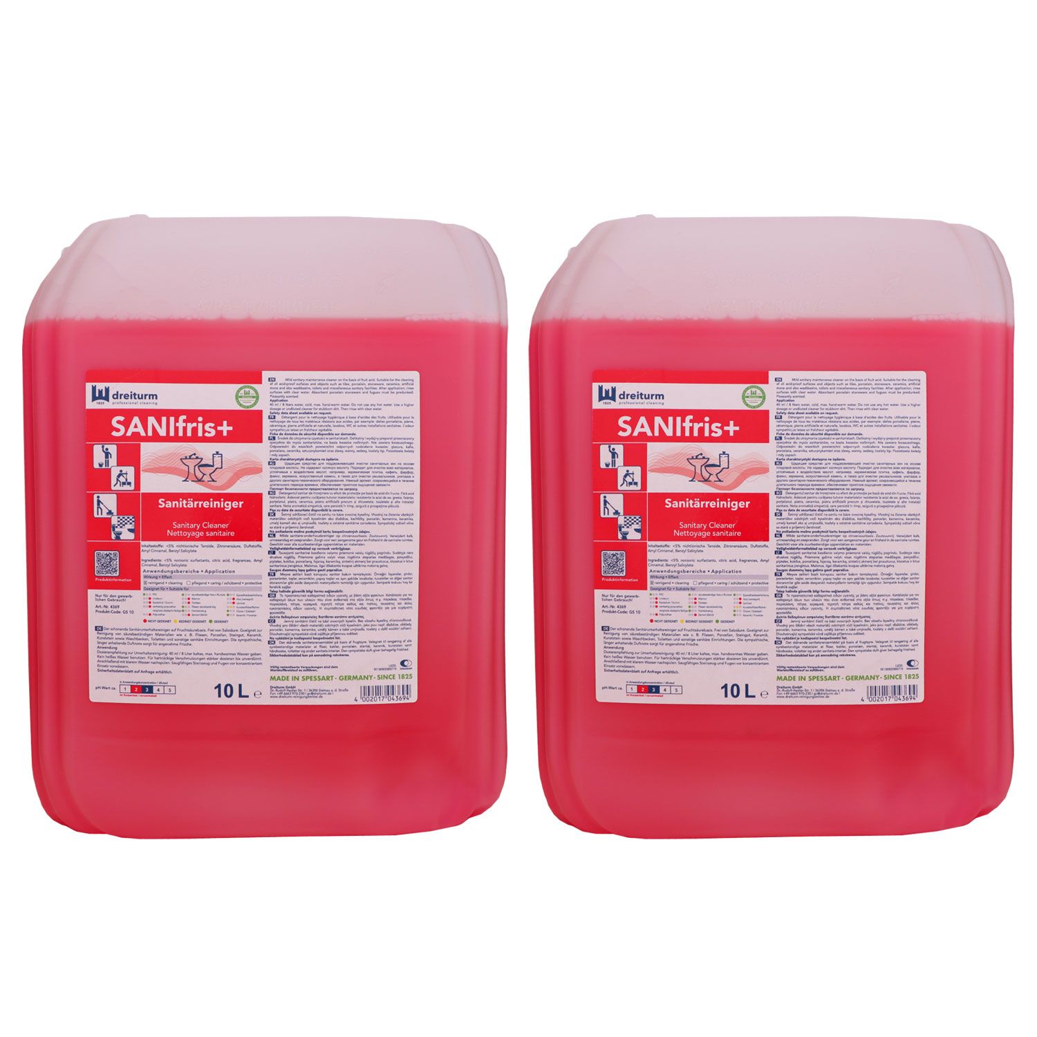 Dreiturm Sanifris+ 2 x 10 Liter Sanit�rreiniger Unterhaltsreiniger Sanit�rbereich