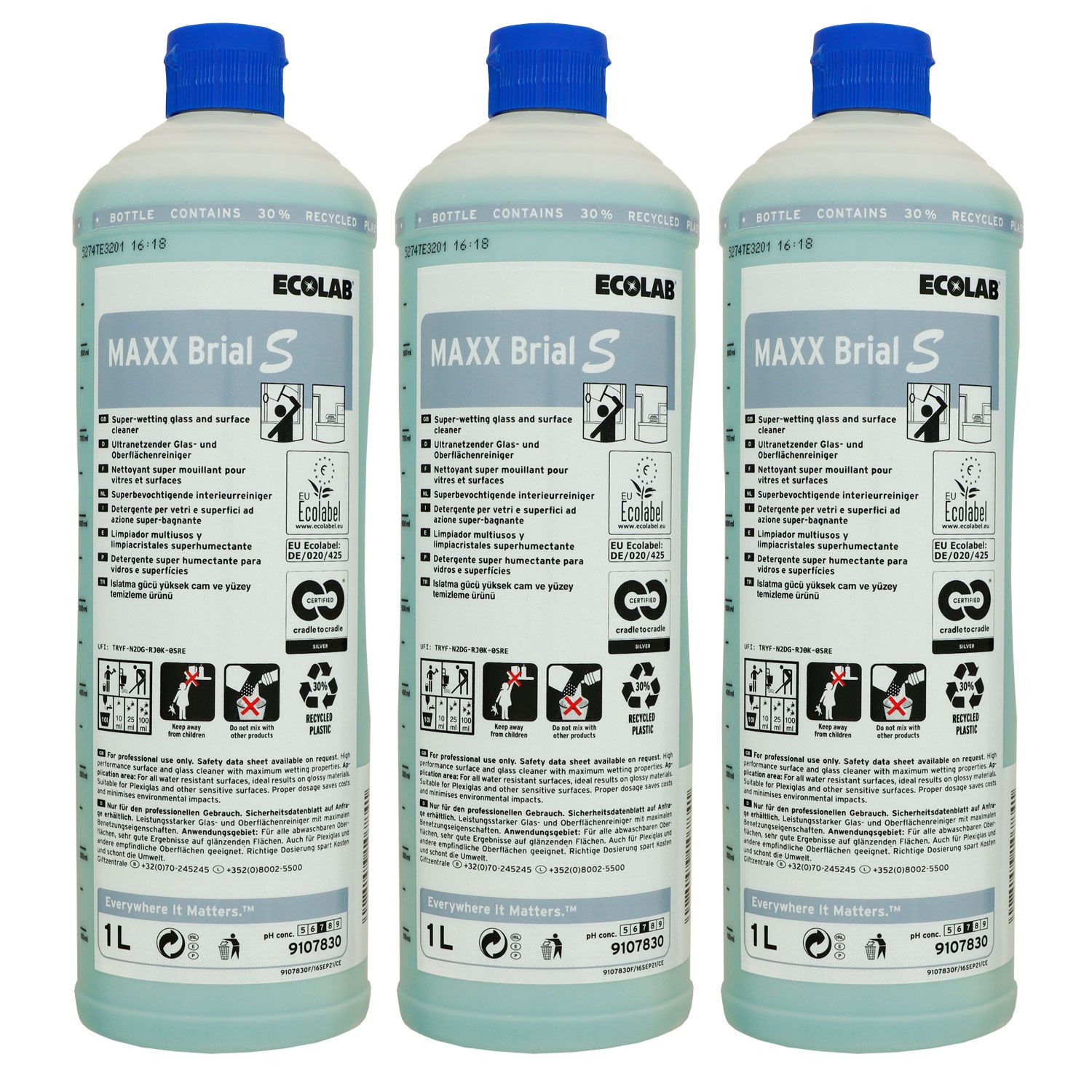 Ecolab MAXX Brial S 3 x 1 Liter Ultranetzender Glas Oberfl�chen & Glasreiniger Set