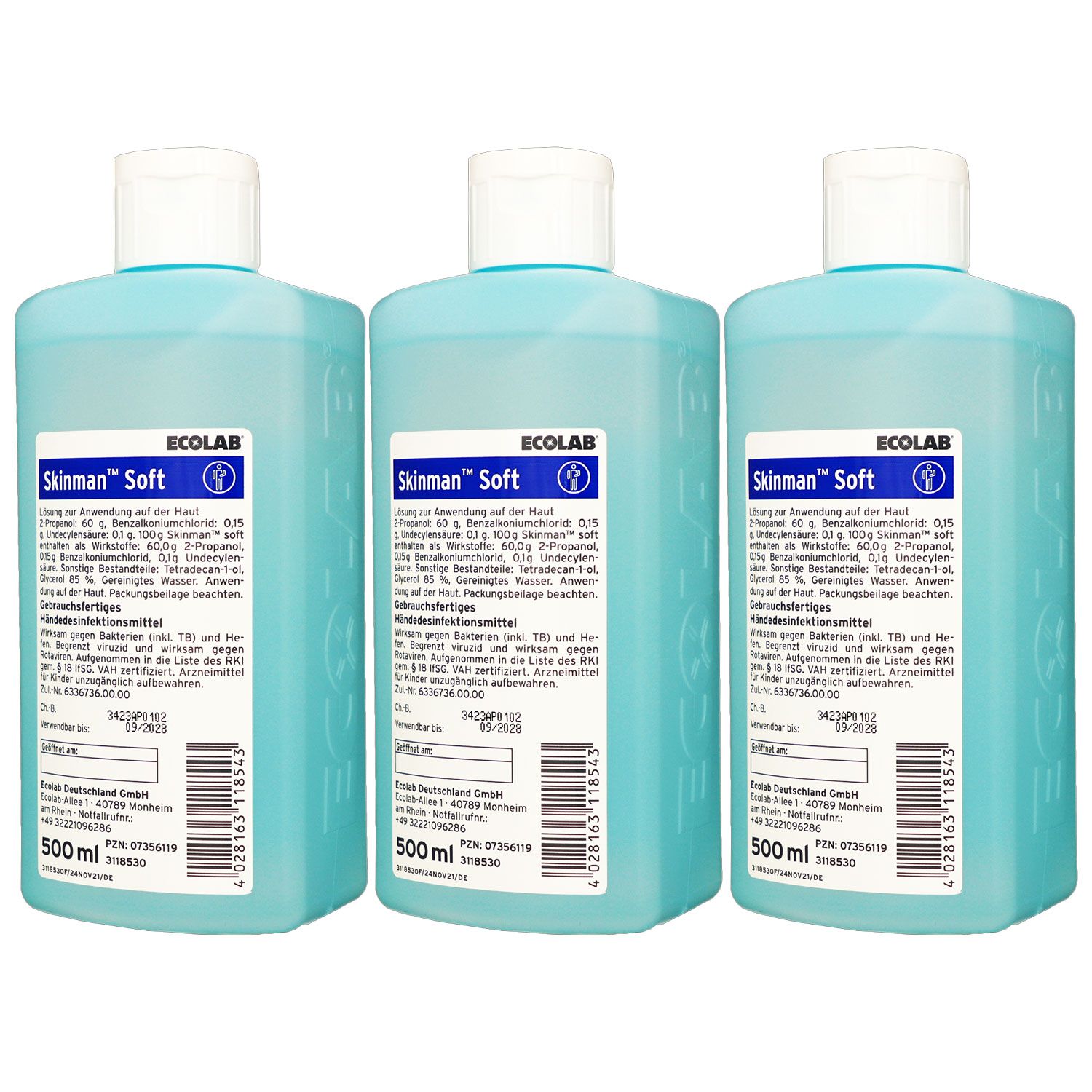 Ecolab Skinman soft 3 x 500 ml H�ndedesinfektion H�ndedesinfektionsmittel Set