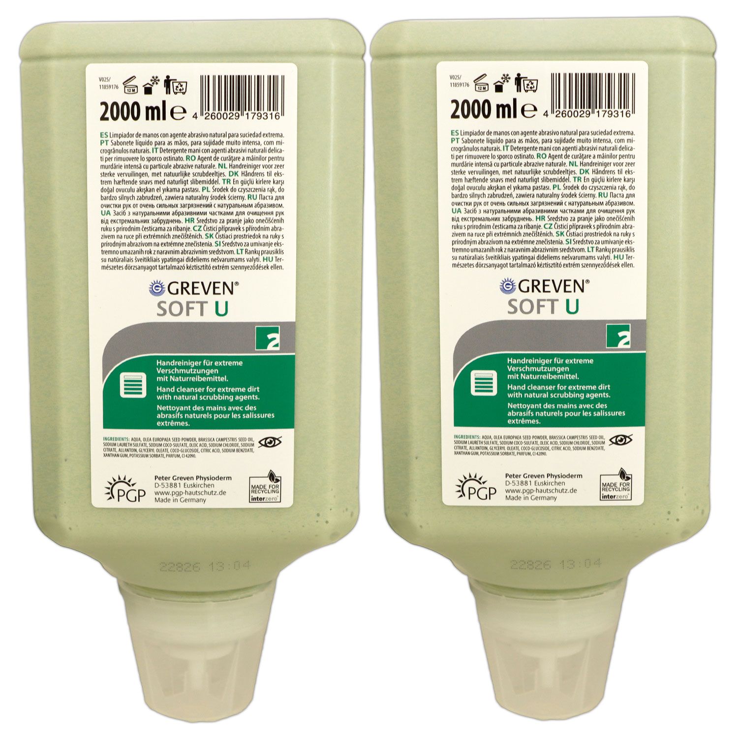 Greven Soft U 2 x 2000 ml Handreiniger mit Bioreibek�rpern aus Olivenkernen Set
