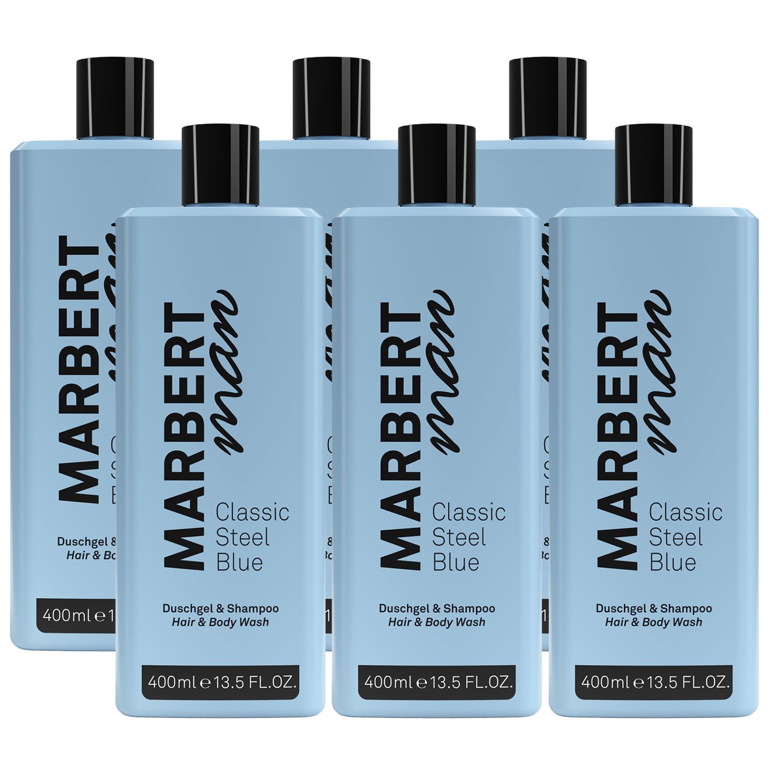 Marbert Man Classic Steel Blue 6 x 400 ml Hair & Bodywash Duschgel & Shampoo Set