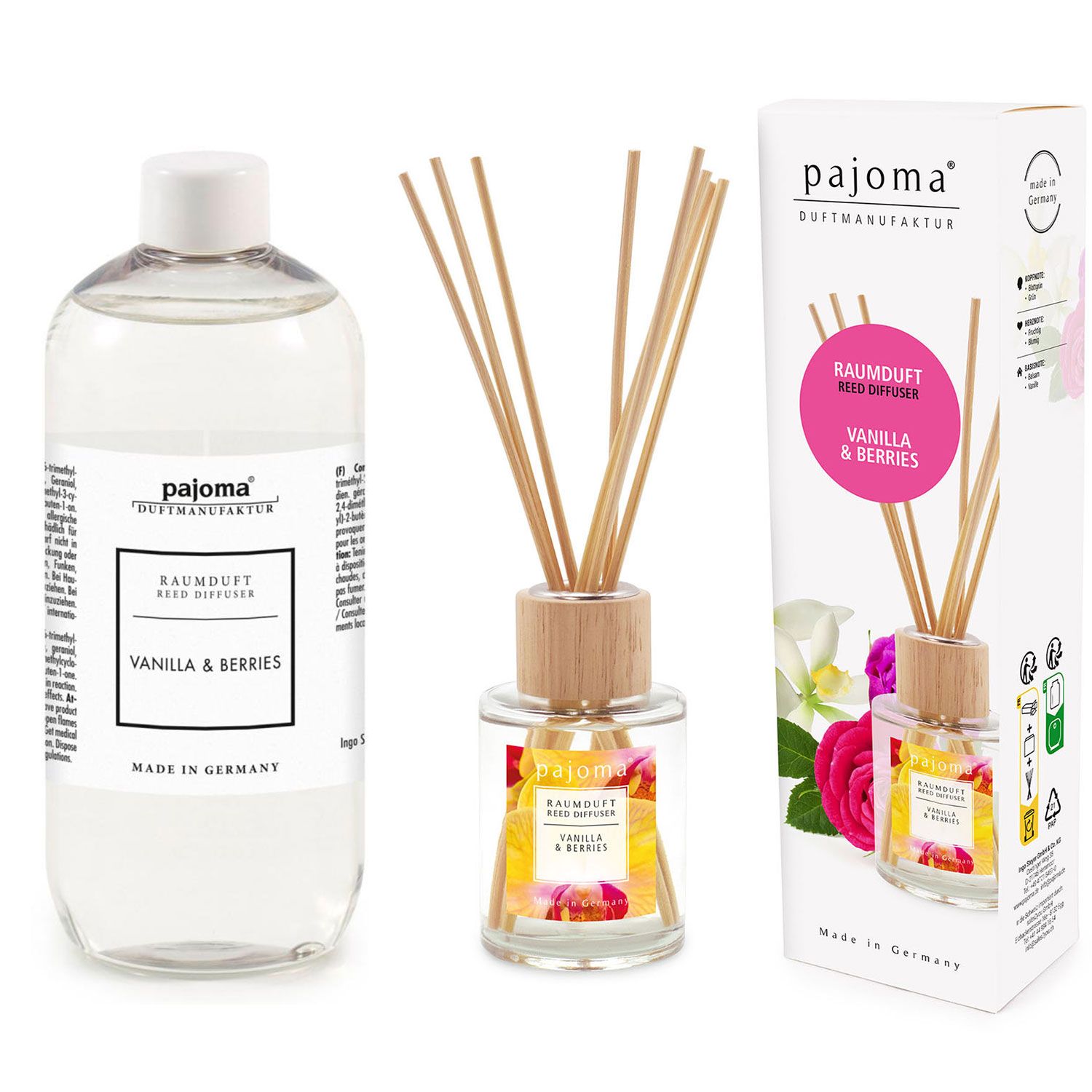 Pajoma Raumduft Nachfüllflasche Vanilla & Berries 500 ml & 100 ml Raumduft Set --> Riemax