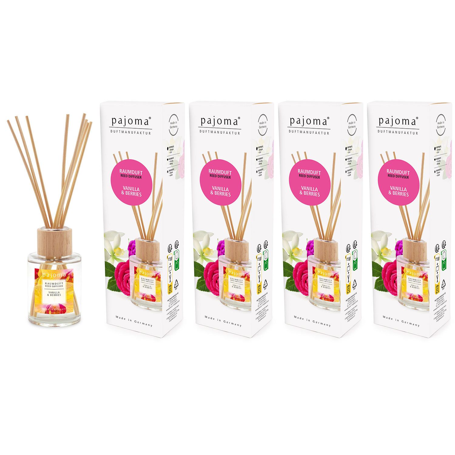 Raumduft Vanilla & Berries 4 x 100 ml Pajoma Raumduftdiffuser Lufterfrischer Set