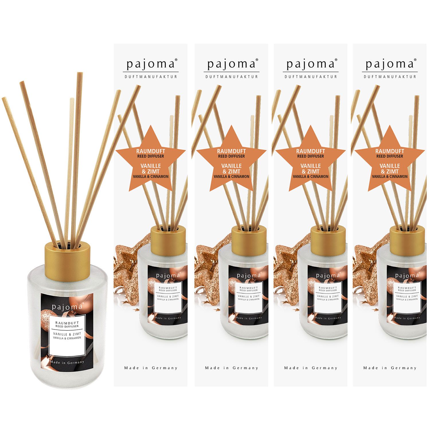 Raumduft Vanille & Zimt 4 x 100 ml Pajoma Raumduftdiffuser Alu-Topper Set