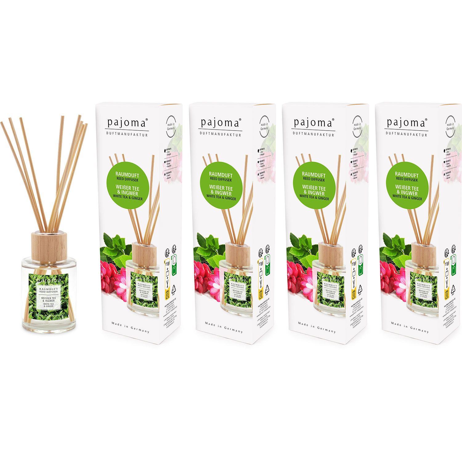Raumduft Wei�er Tee & Ingwer 4 x 100 ml Pajoma Raumduftdiffuser Lufterfrischer Set