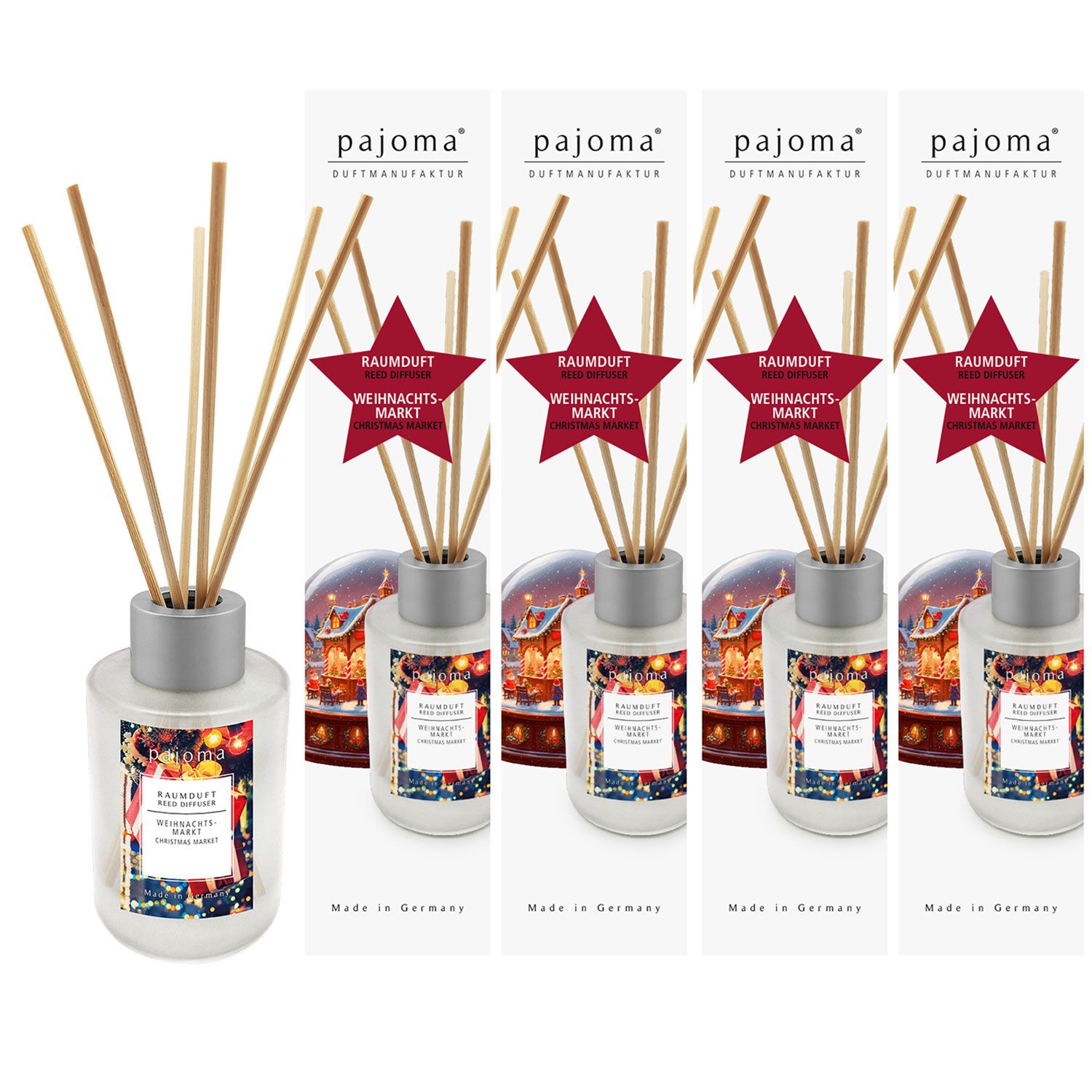 Raumduft Weihnachtsmarkt 4 x 100 ml Pajoma Raumduftdiffuser Alu-Topper Set