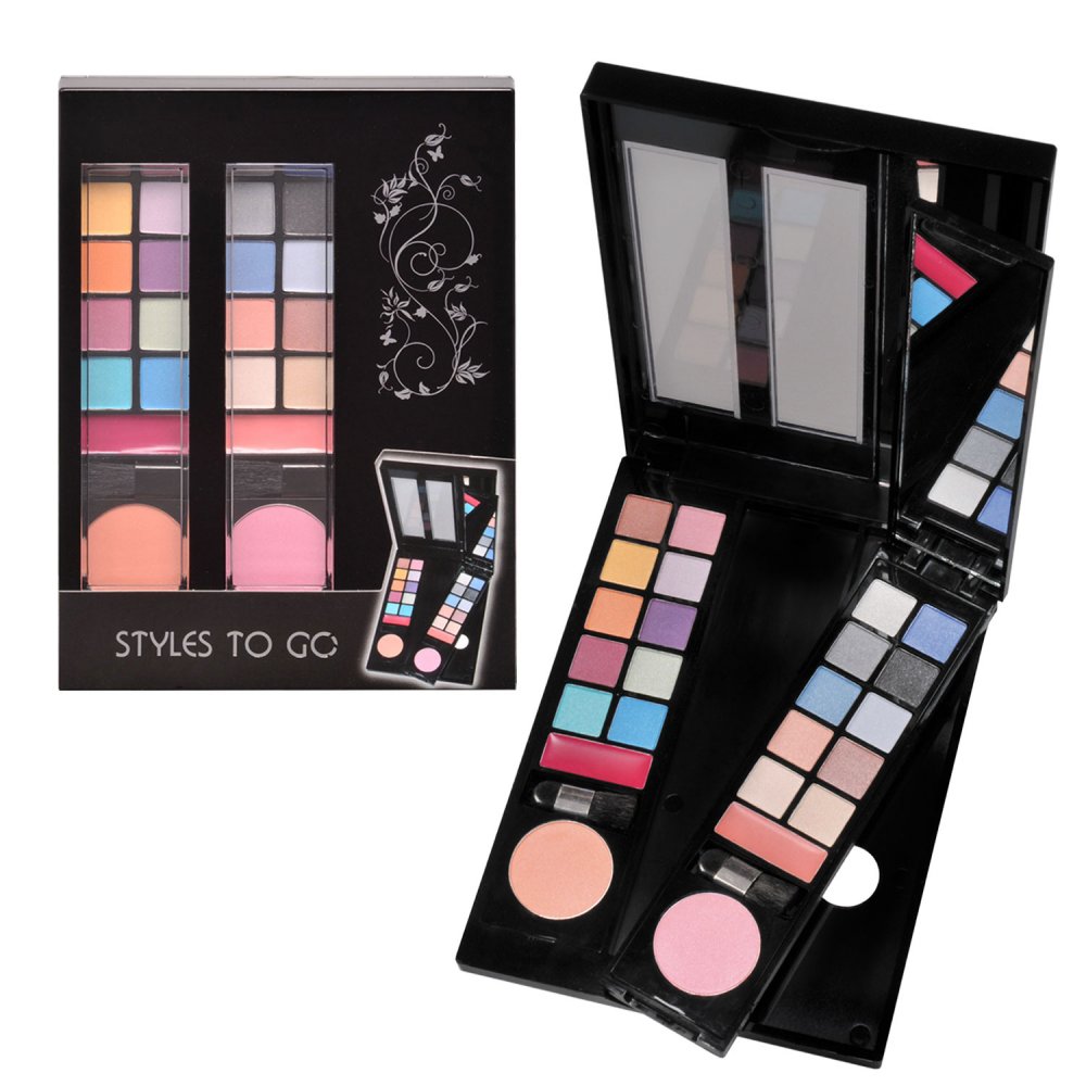 Schminkkassette ‚Styles To Go‘ – 2 Herausnehmbare Paletten Mit Lidschatten, Rouge & Lipgloss