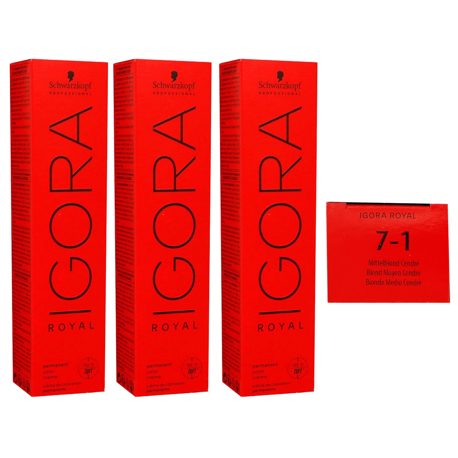 Schwarzkopf Igora Royal 3 x 60 ml 7-1 Mittelblond Cendre Haarfarbe Cremefarbe Set