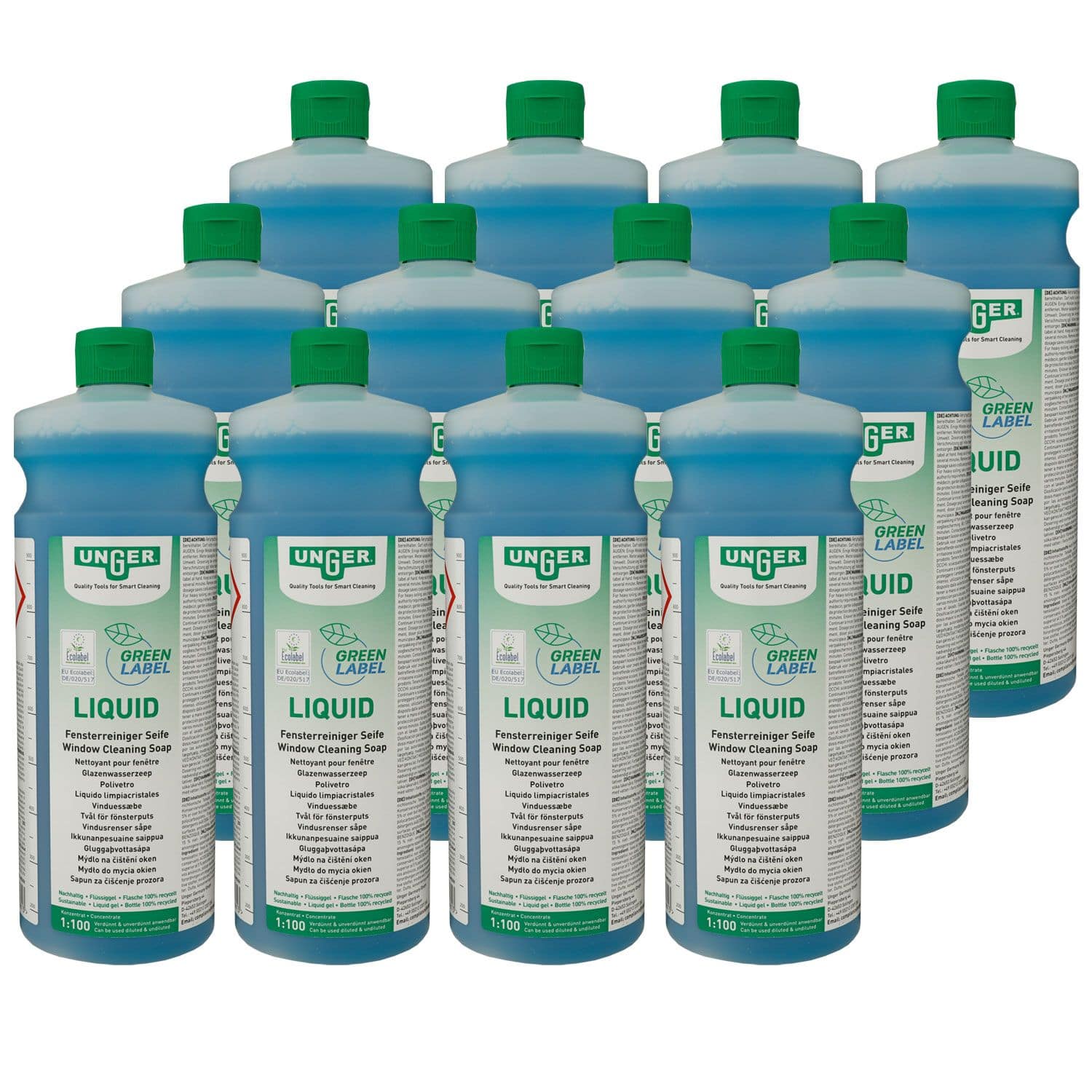 Unger Green Label Liquid GTL10 Fensterreinigungsseife 12 x 1 Liter gelartiges Konzentrat Set