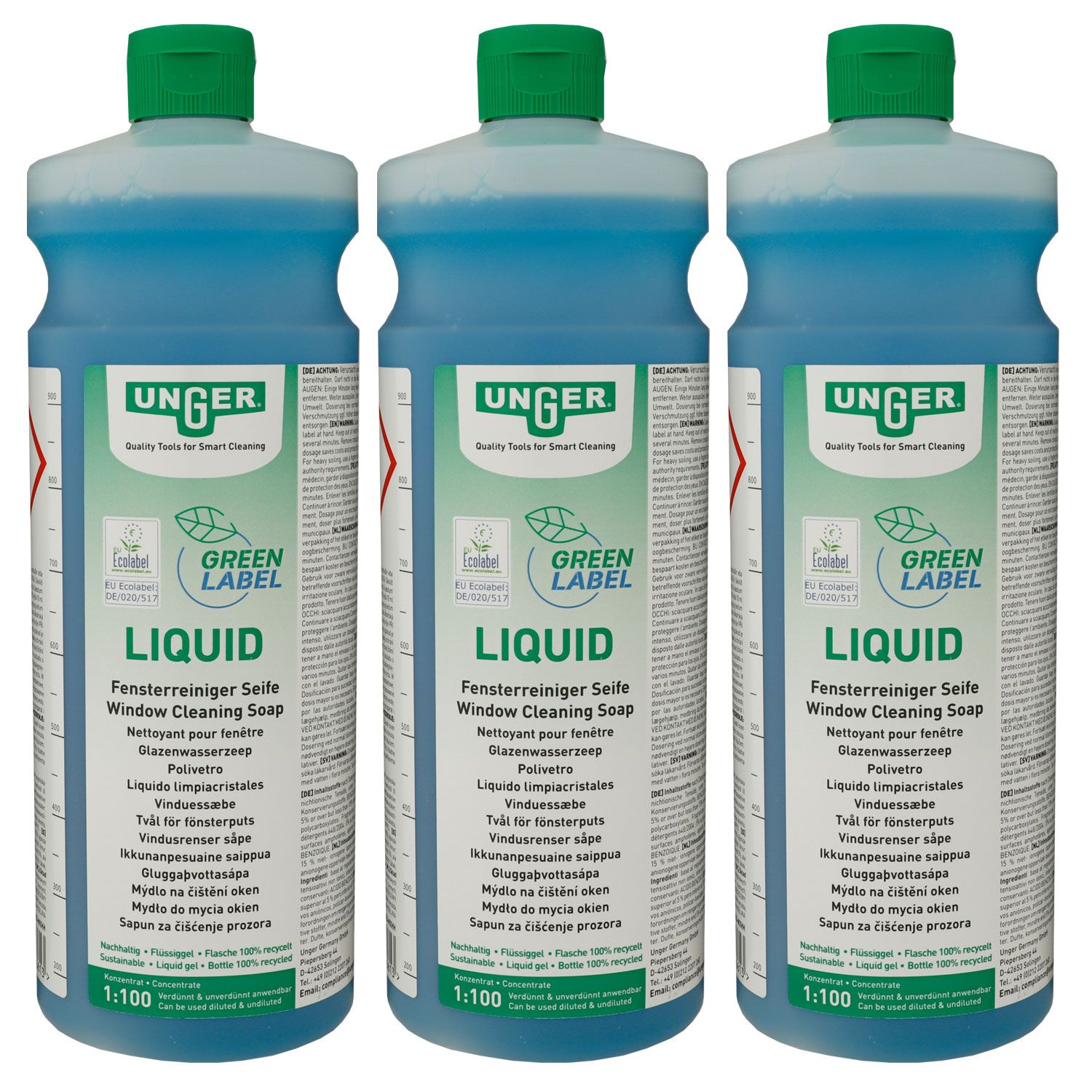 Unger Green Label Liquid GTL10 Fensterreinigungsseife 3 x 1 Liter gelartiges Konzentrat Set