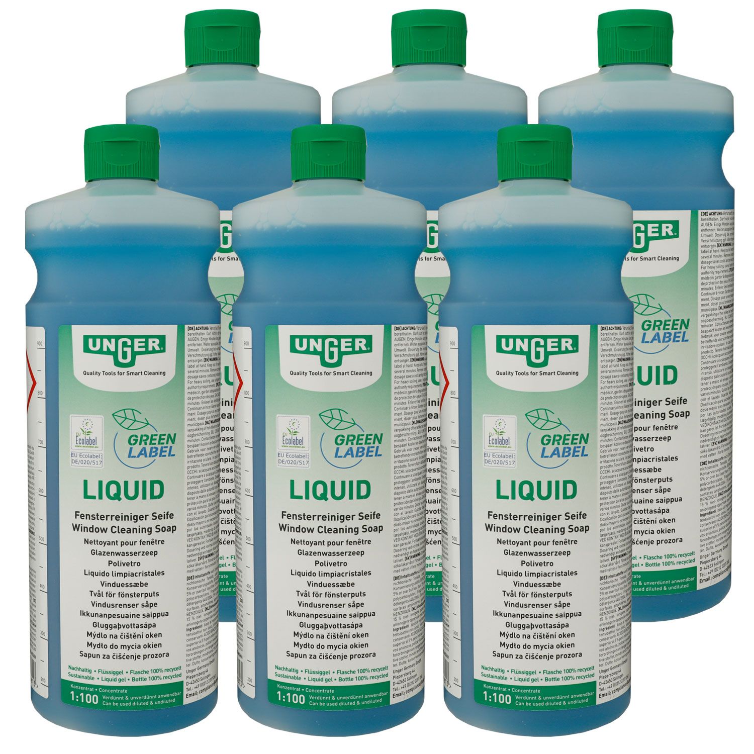 Unger Green Label Liquid GTL10 Fensterreinigungsseife 6 x 1 Liter gelartiges Konzentrat Set