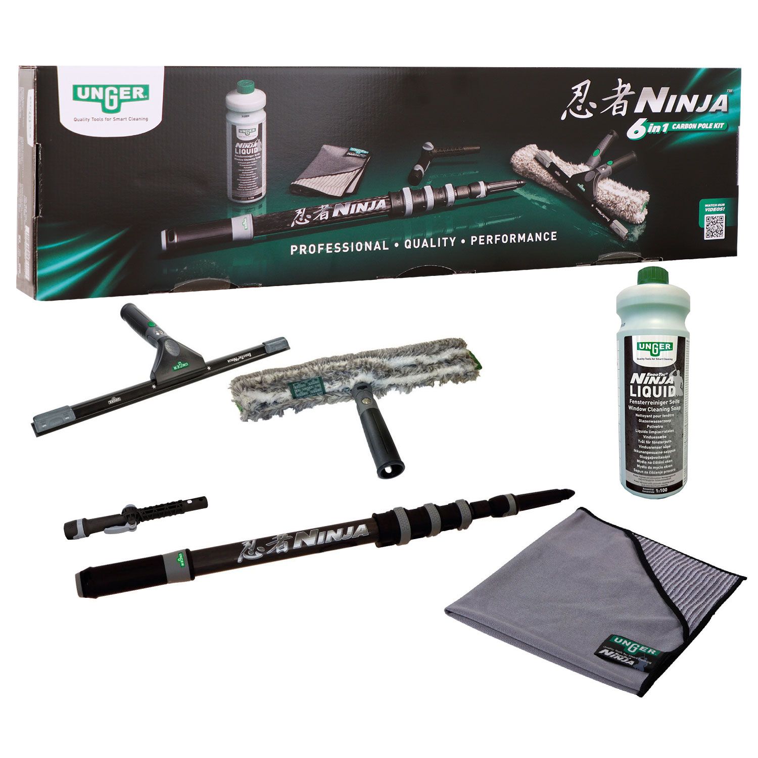 Unger Premium Ergo Tec Ninja Glasreinigungsset mit Teleskopstange 6 in 1 akn19 Set