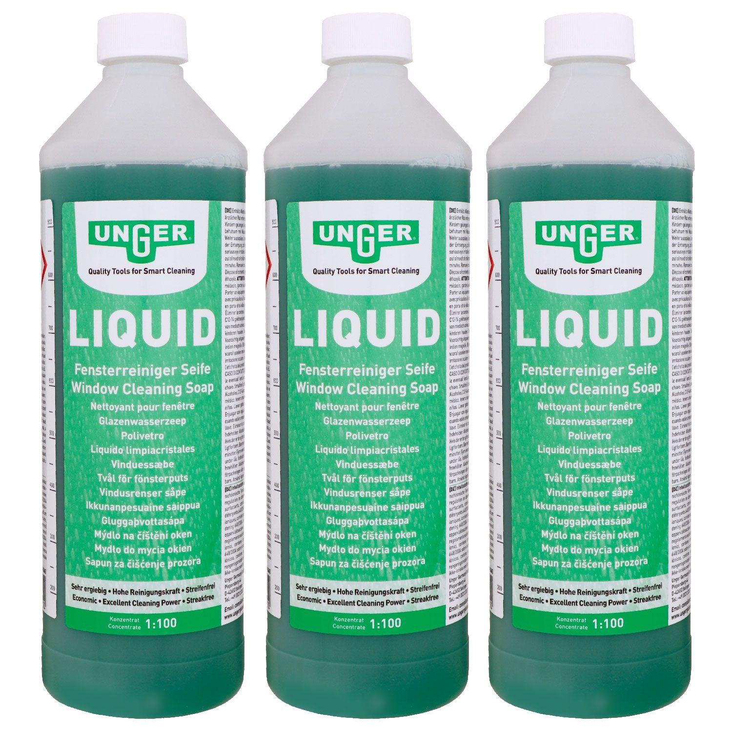 Unger's Liquid FR100 3 x 1 Liter Fensterreiniger Seife Professional Set