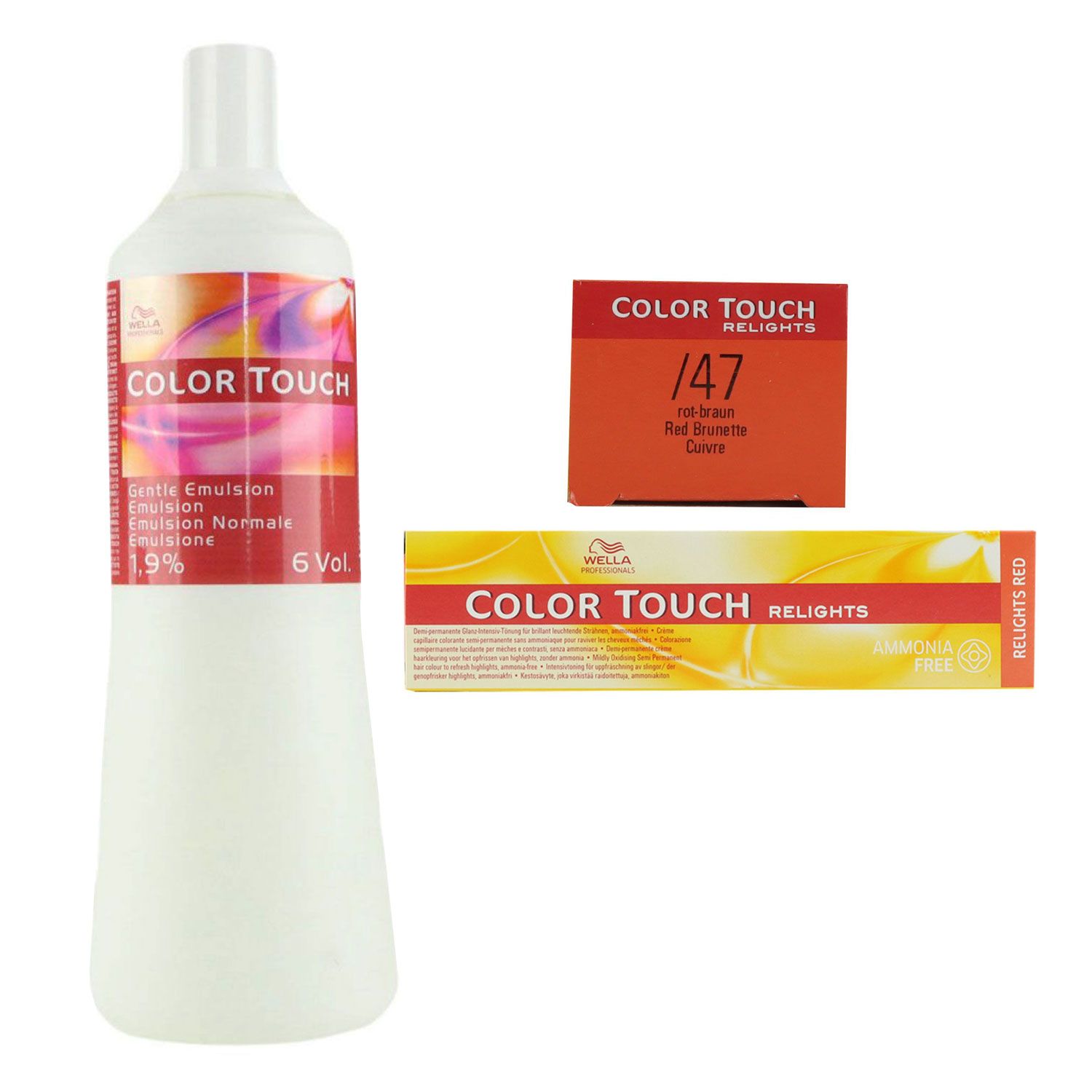 Wella Color Touch Relights Red 60 ml /47 rot braun & 1000 ml 1,9% normale Emulsion Set