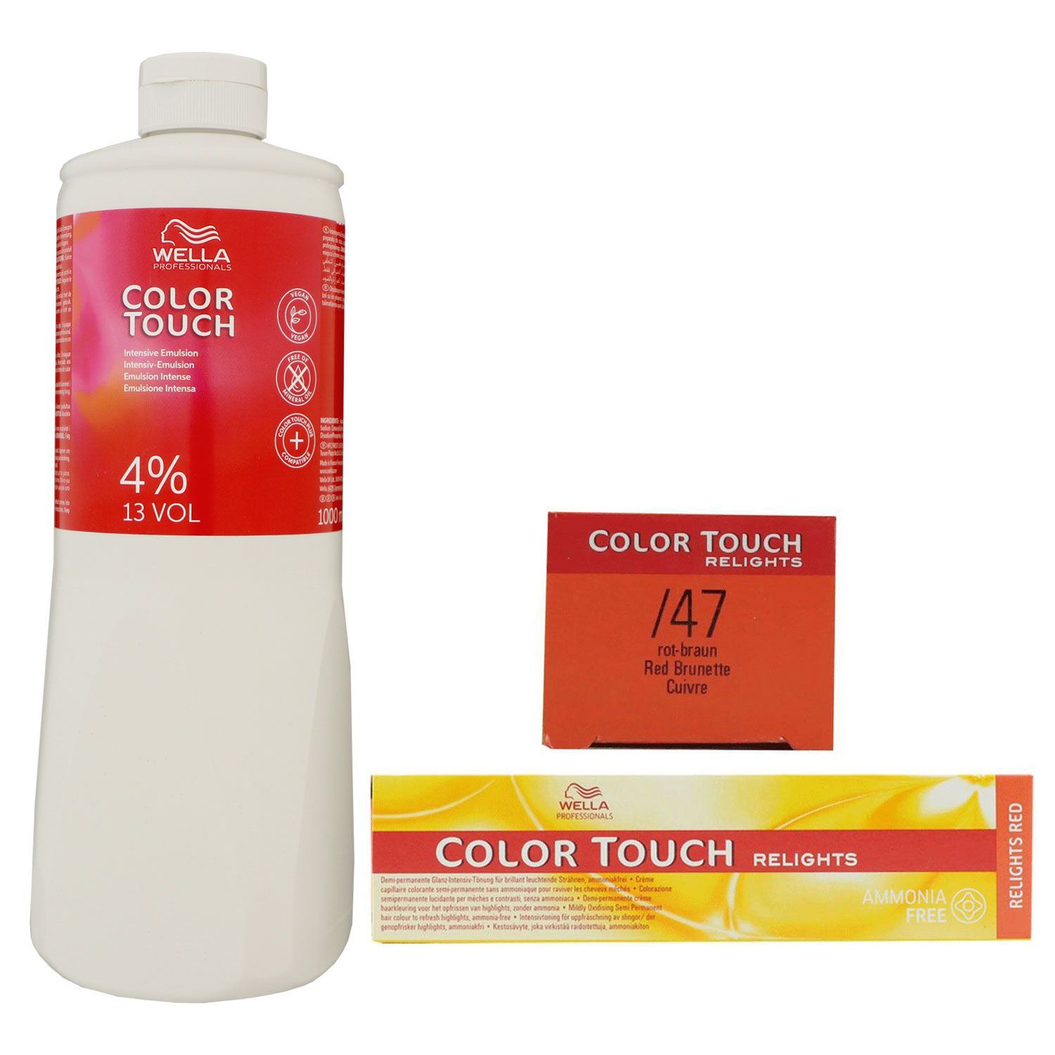Wella Color Touch Relights Red 60 ml /47 rot braun & 1000 ml 4% Intensiv Entwickler Set