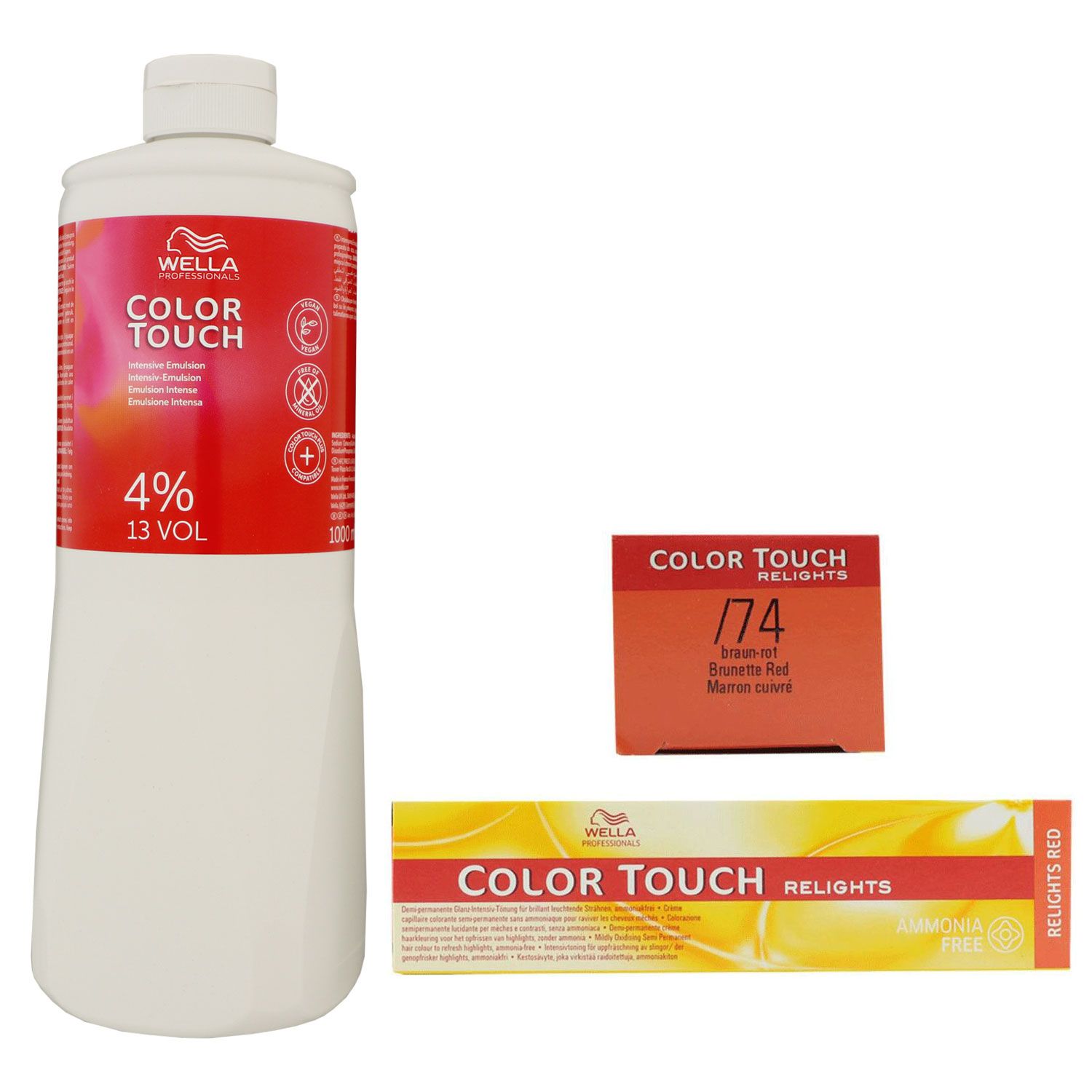 Wella Color Touch Relights Red 60 ml /74 braun rot & 1000 ml 4% Intensiv Entwickler Set
