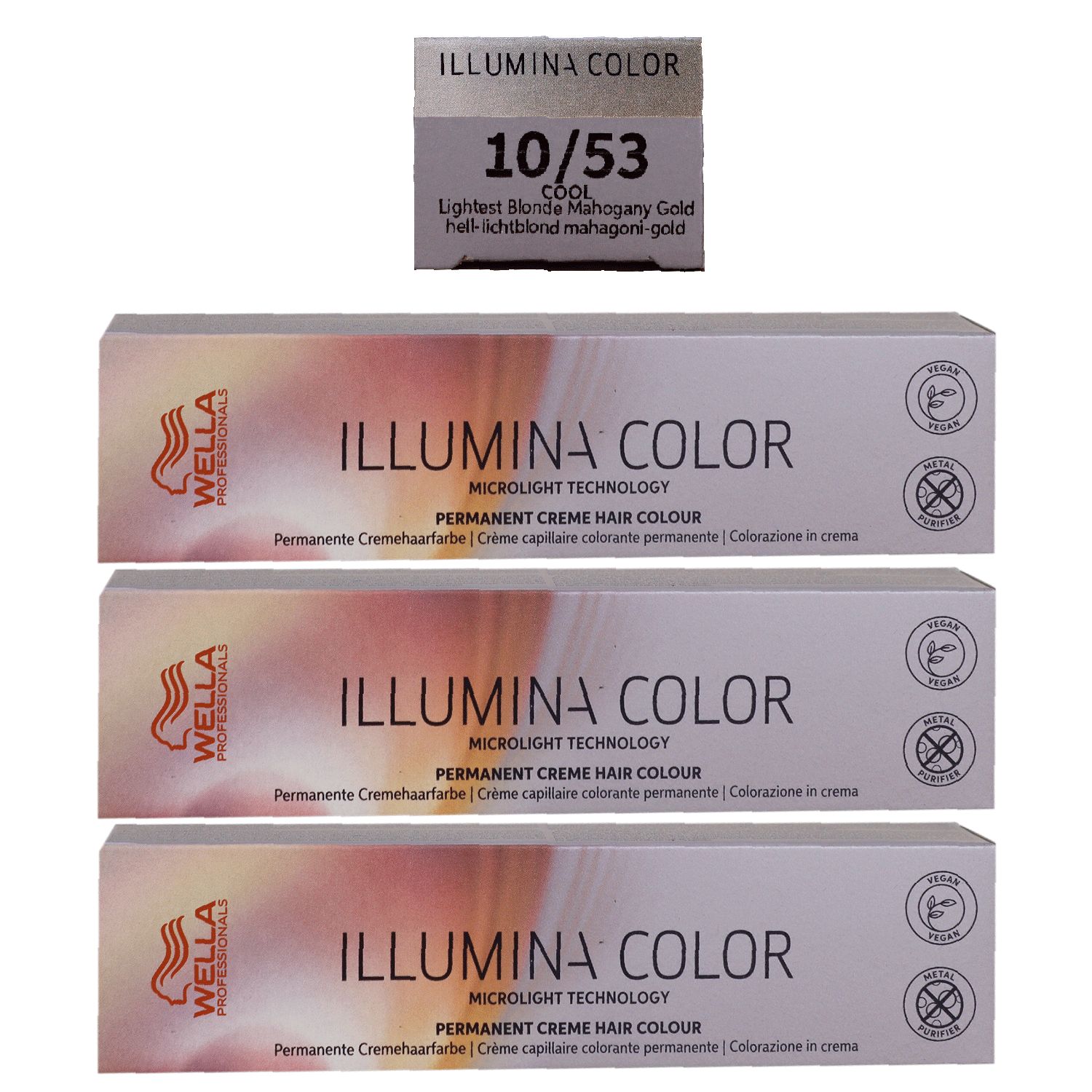 Wella Illumina 3 x 60 ml 10/53 hell lichtblond mahagoni gold permanente Cremehaarfarbe Set