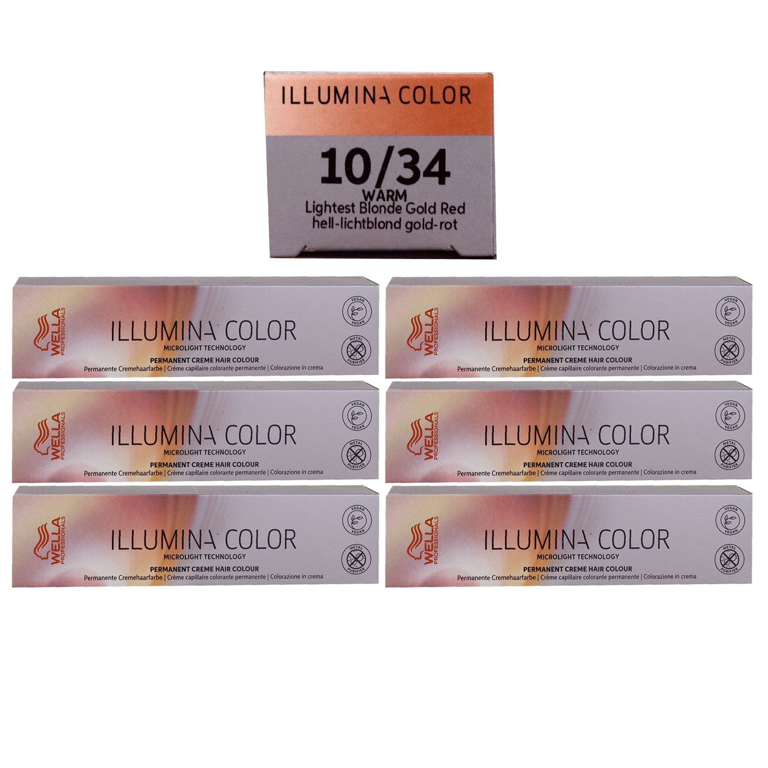 Wella Illumina 6 x 60 ml 10/34 hell lichtblond gold rot permanente Cremehaarfarbe Set