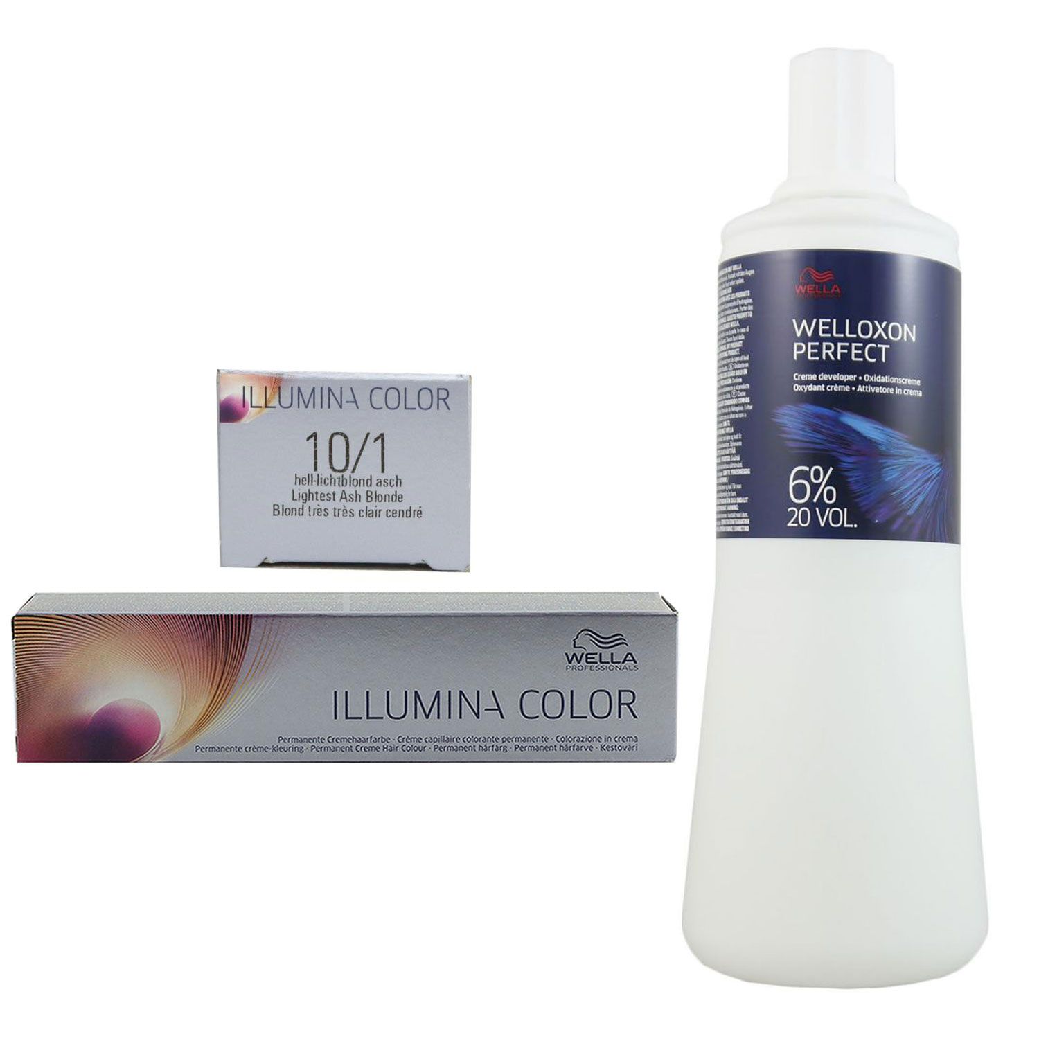 Wella Illumina 60 ml 10/1 hell lichtblond asch & 1000 ml 6 % Entwickler Set