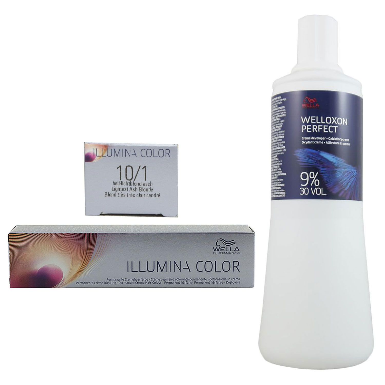 Wella Illumina 60 ml 10/1 hell lichtblond asch & 1000 ml 9 % Entwickler Set
