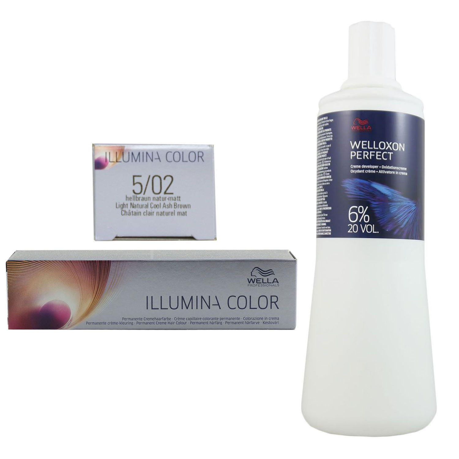Wella Illumina 60 ml 5/02 hellbraun natur matt & 1000 ml 6 % Entwickler Set