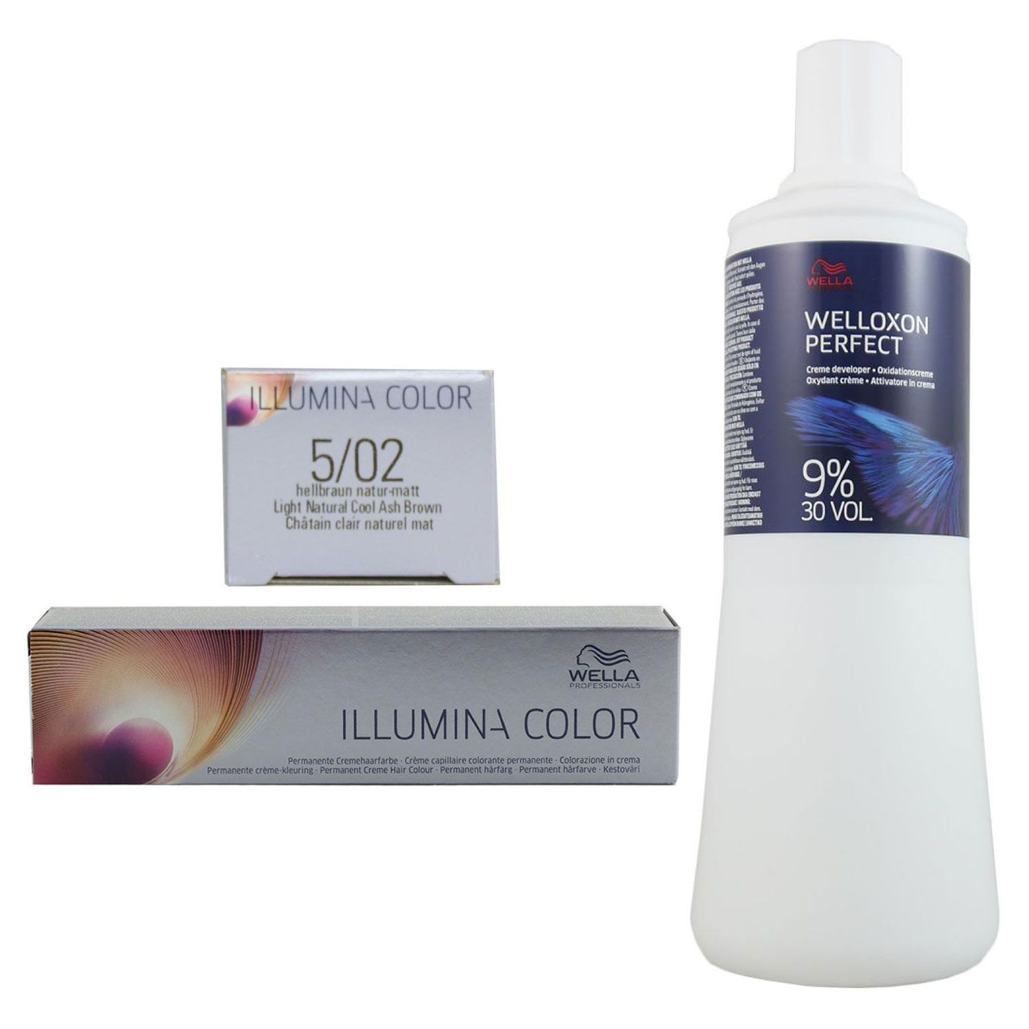 Wella Illumina 60 ml 5/02 hellbraun natur matt & 1000 ml 9 % Entwickler Set