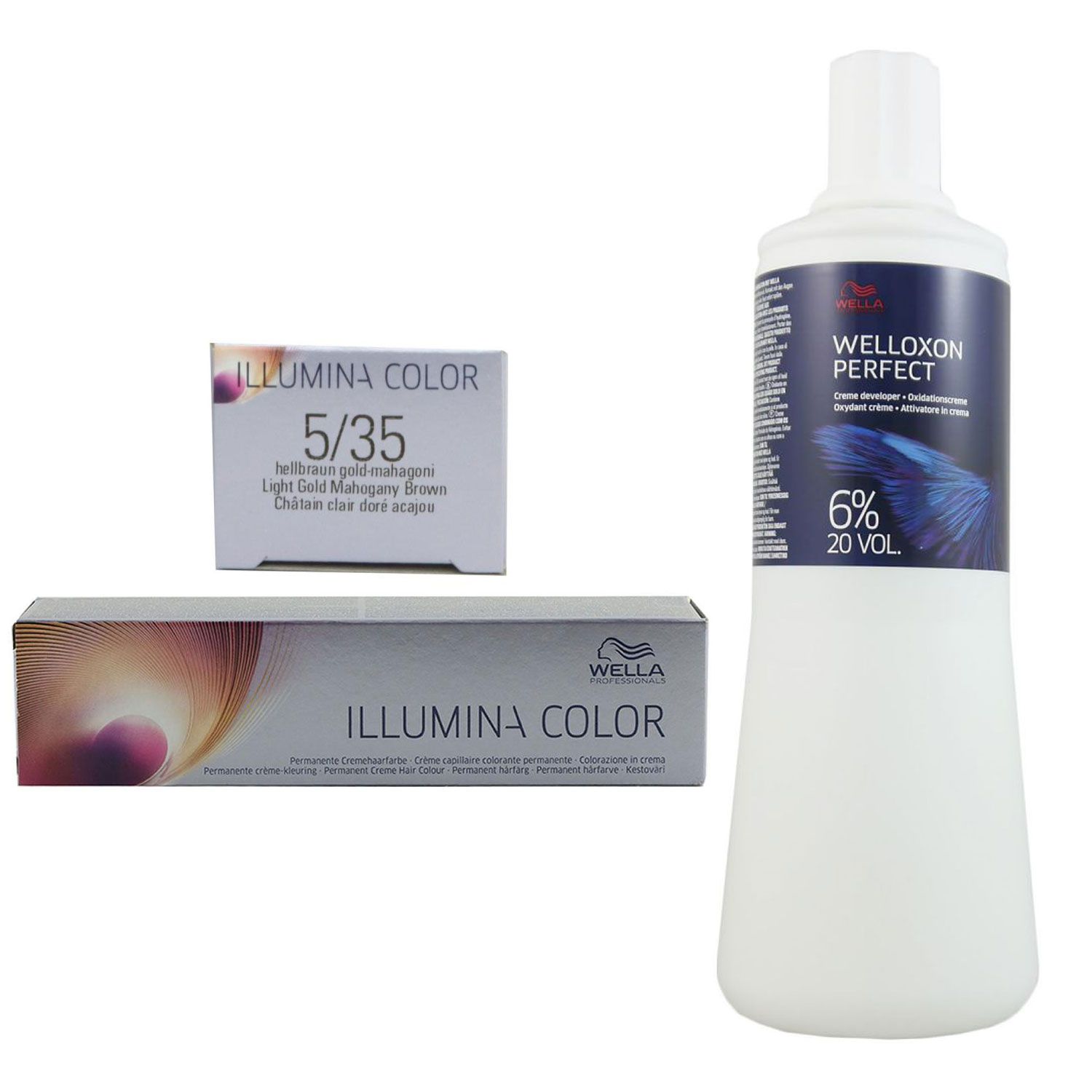 Wella Illumina 60 ml 5/35 hellbraun gold mahagoni & 1000 ml 6 % Entwickler Set